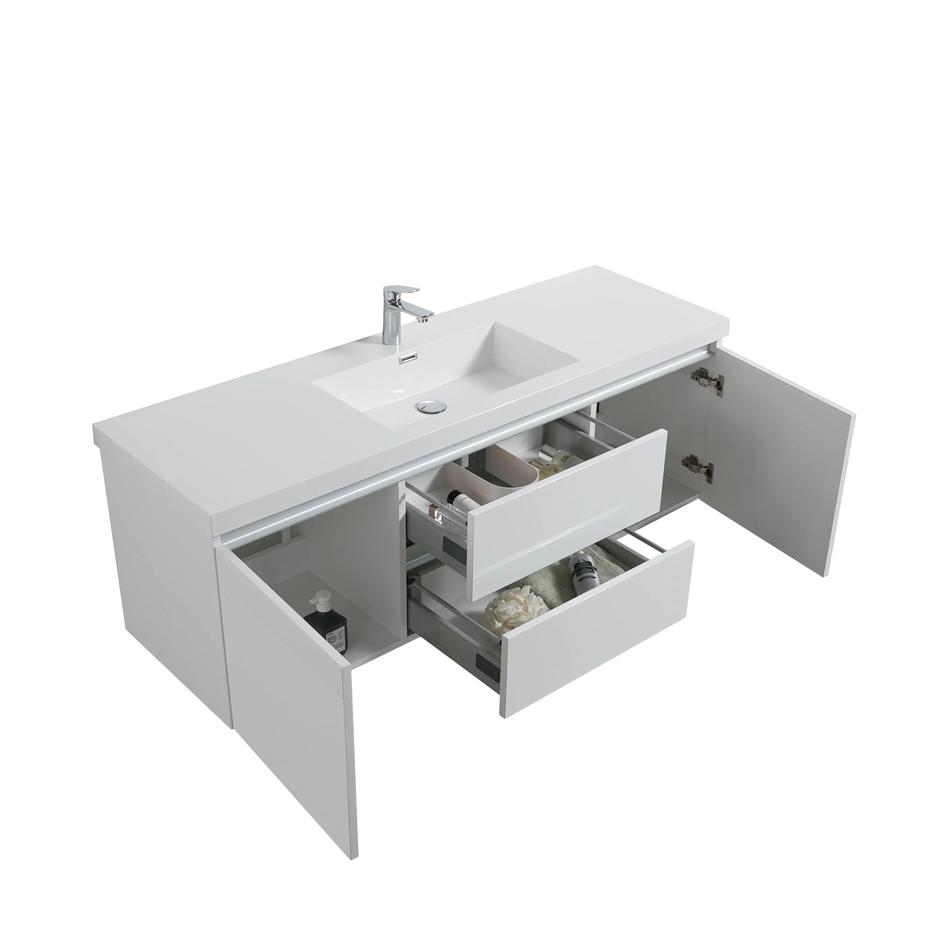 60" Glossy White Wall Mount Light-Up Bathroom Vanity with White Polymarble Countertop - Golden Elite Deco