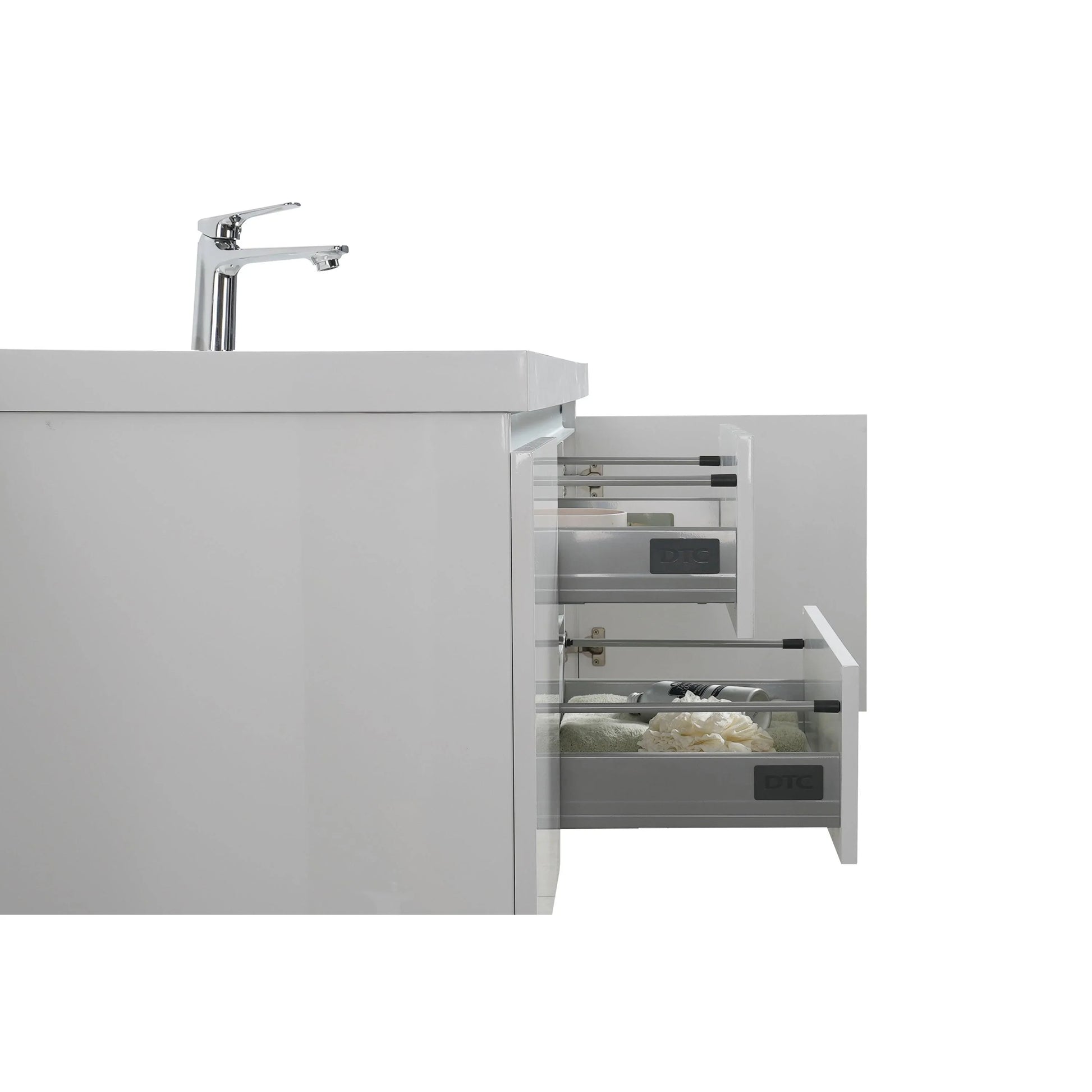 60" Glossy White Wall Mount Light-Up Bathroom Vanity with White Polymarble Countertop - Golden Elite Deco