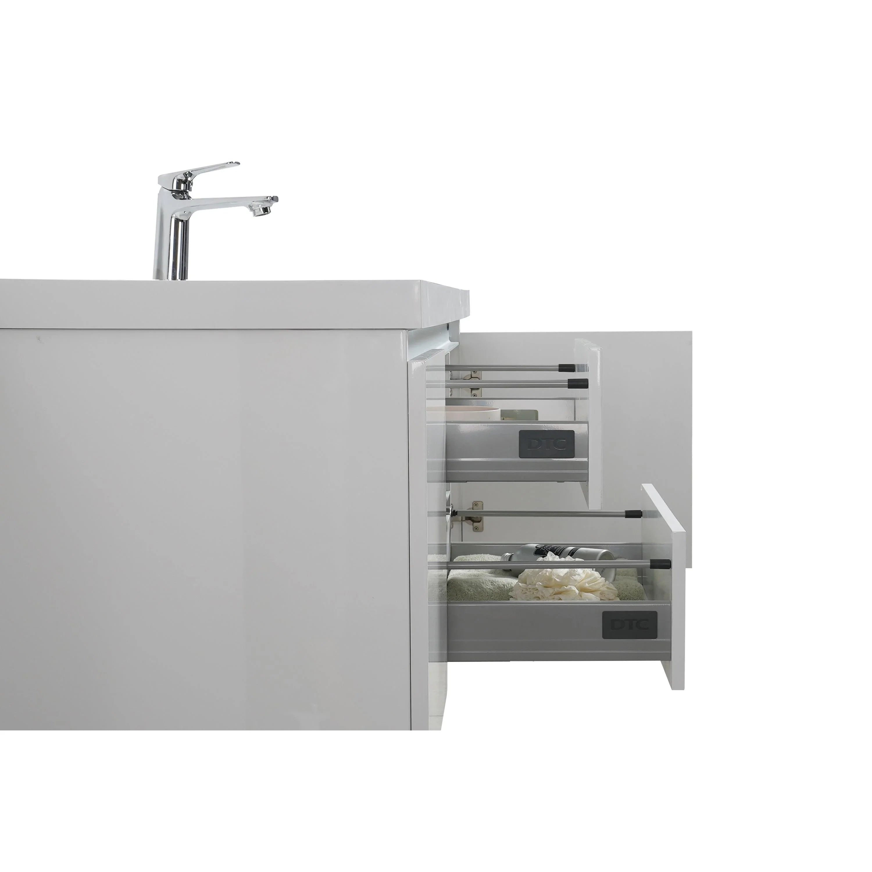 60" Glossy White Wall Mount Light-Up Bathroom Vanity with White Polymarble Countertop - Golden Elite Deco