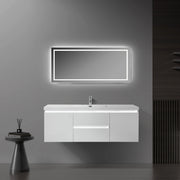 60" Glossy White Wall Mount Light-Up Bathroom Vanity with White Polymarble Countertop - Golden Elite Deco