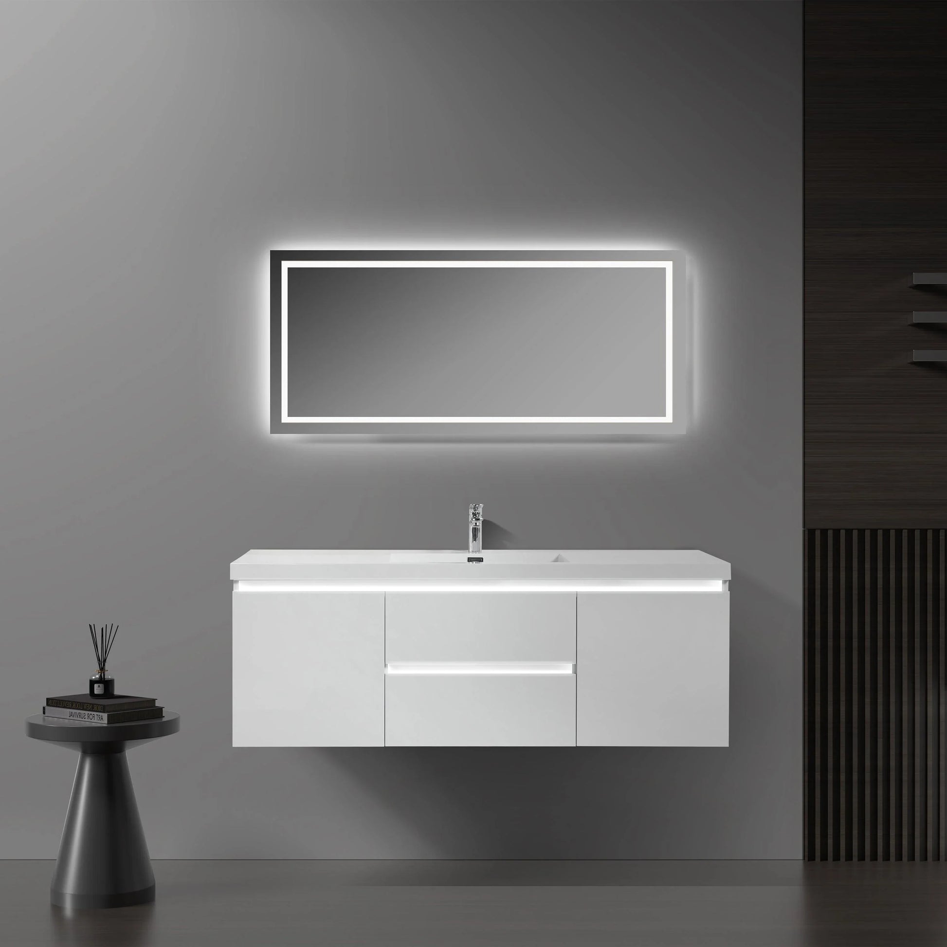 60" Glossy White Wall Mount Light-Up Bathroom Vanity with White Polymarble Countertop - Golden Elite Deco