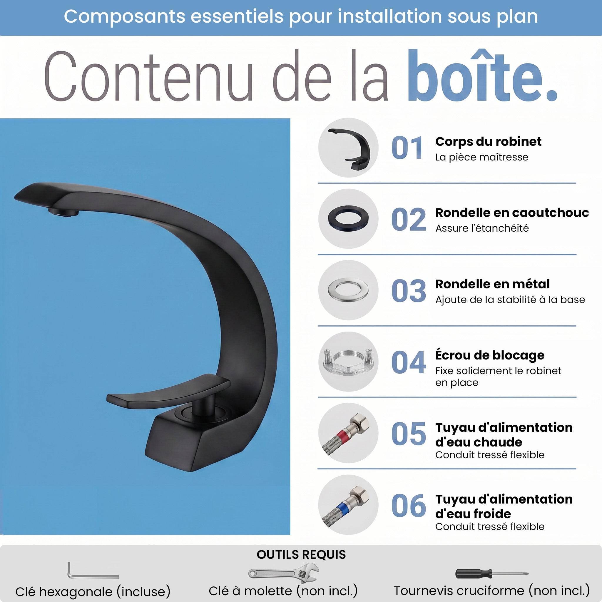Robinet de Lavabo de Salle de Bains à 1 Poignée G-shape en Noir Mat