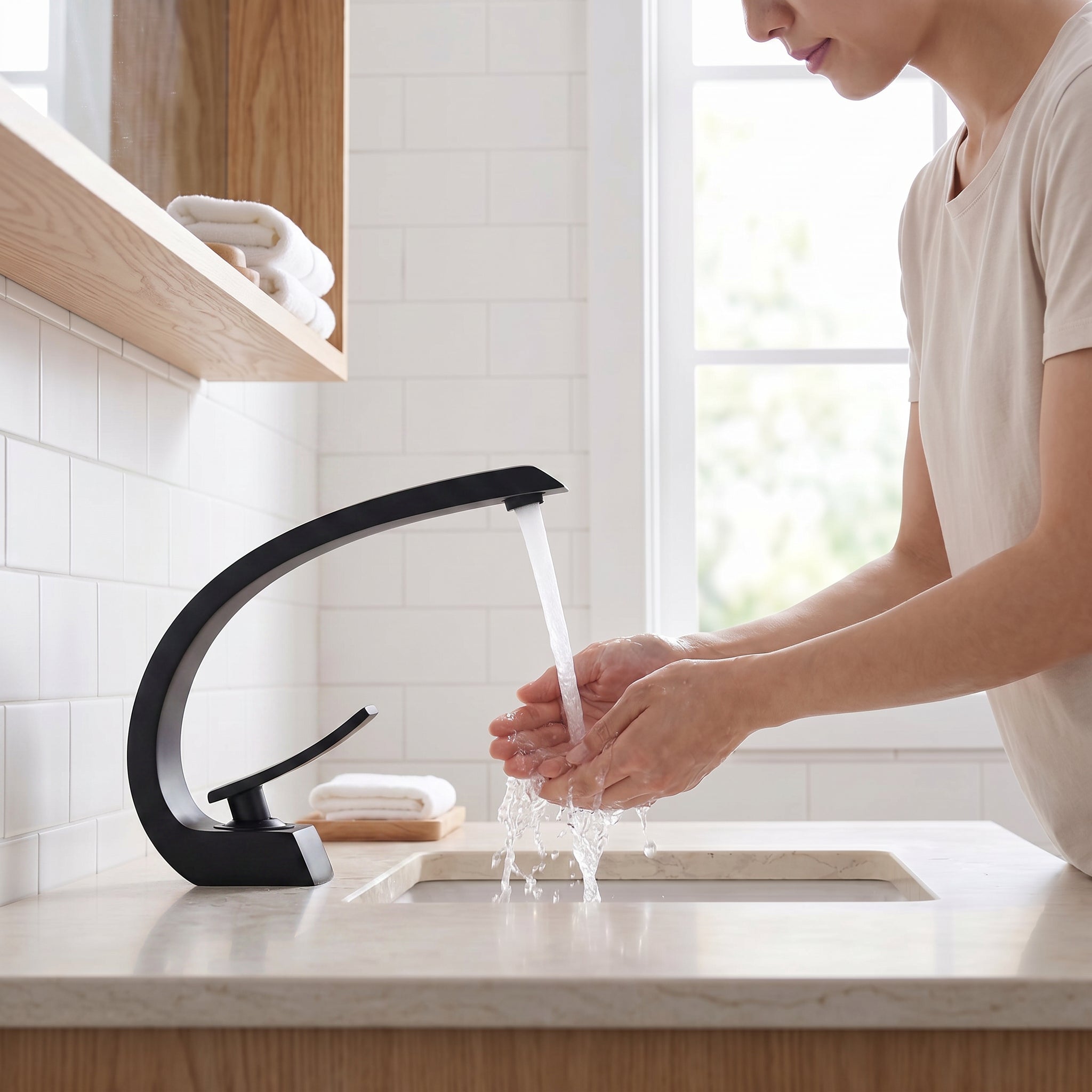 Robinet de Lavabo de Salle de Bains à 1 Poignée G-shape en Noir Mat