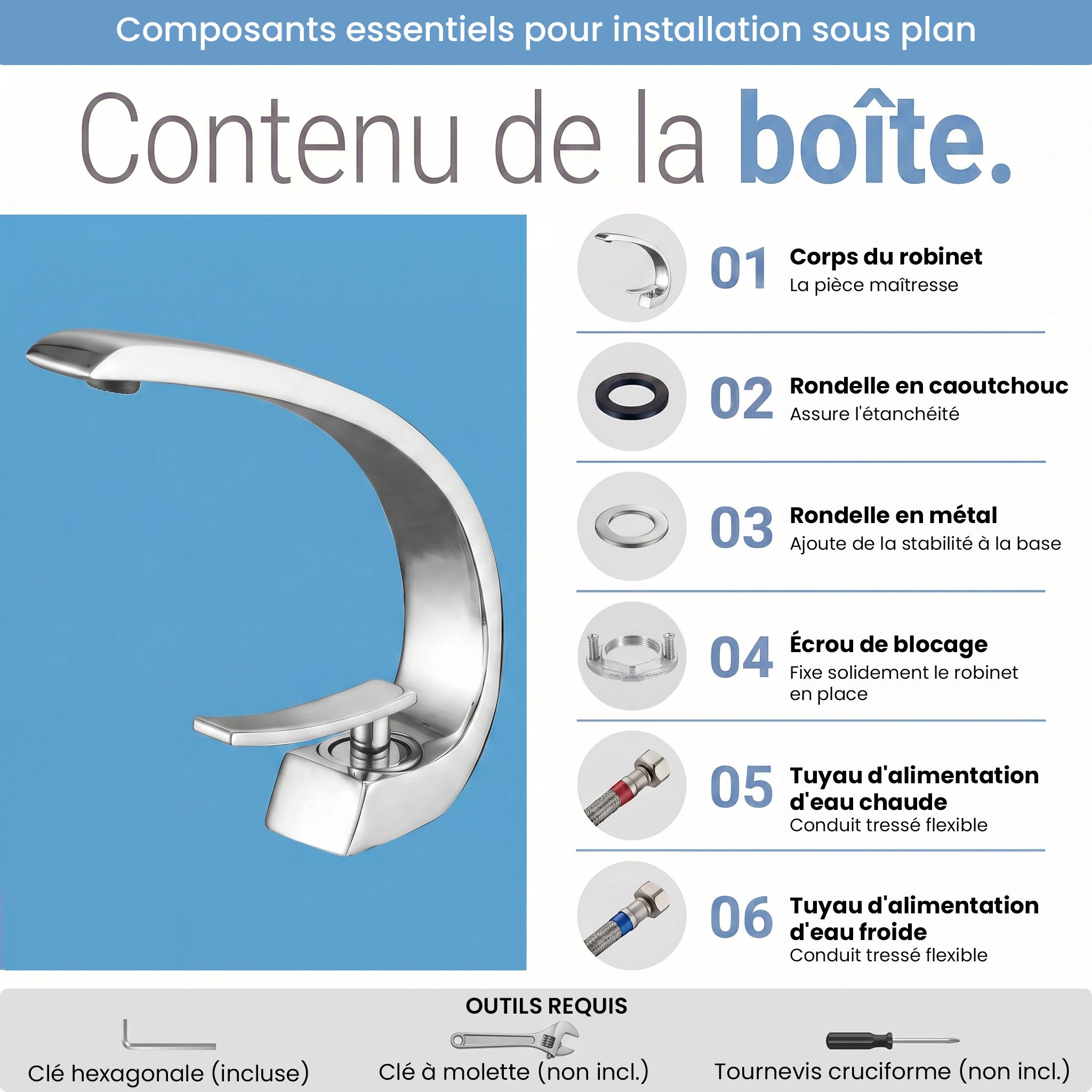 Robinet de Lavabo de Salle de Bains à 1 Poignée G-shape en Chromé