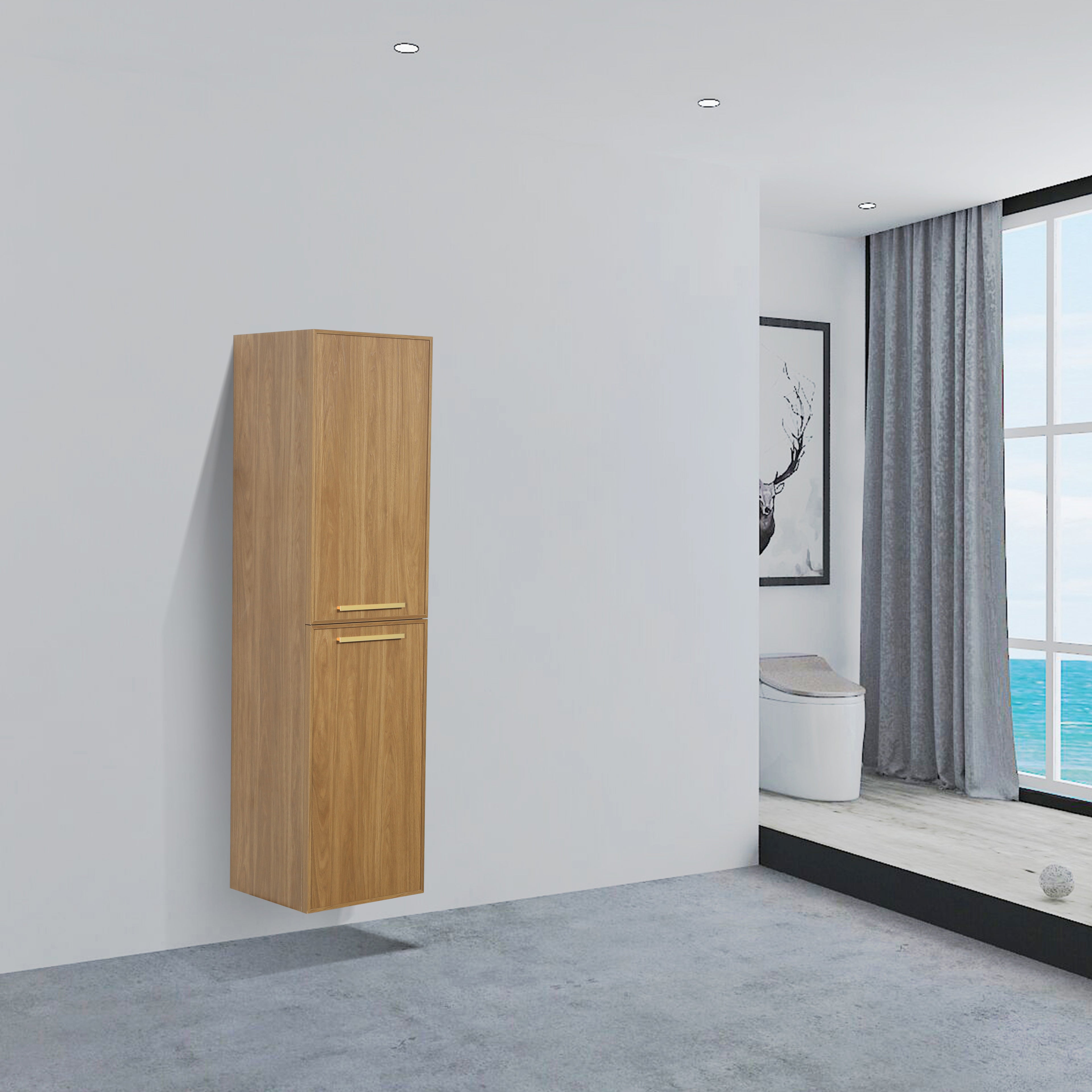 Bathroom Wall Hung Linen Cabinet with Handles - Honey Gold Walnut