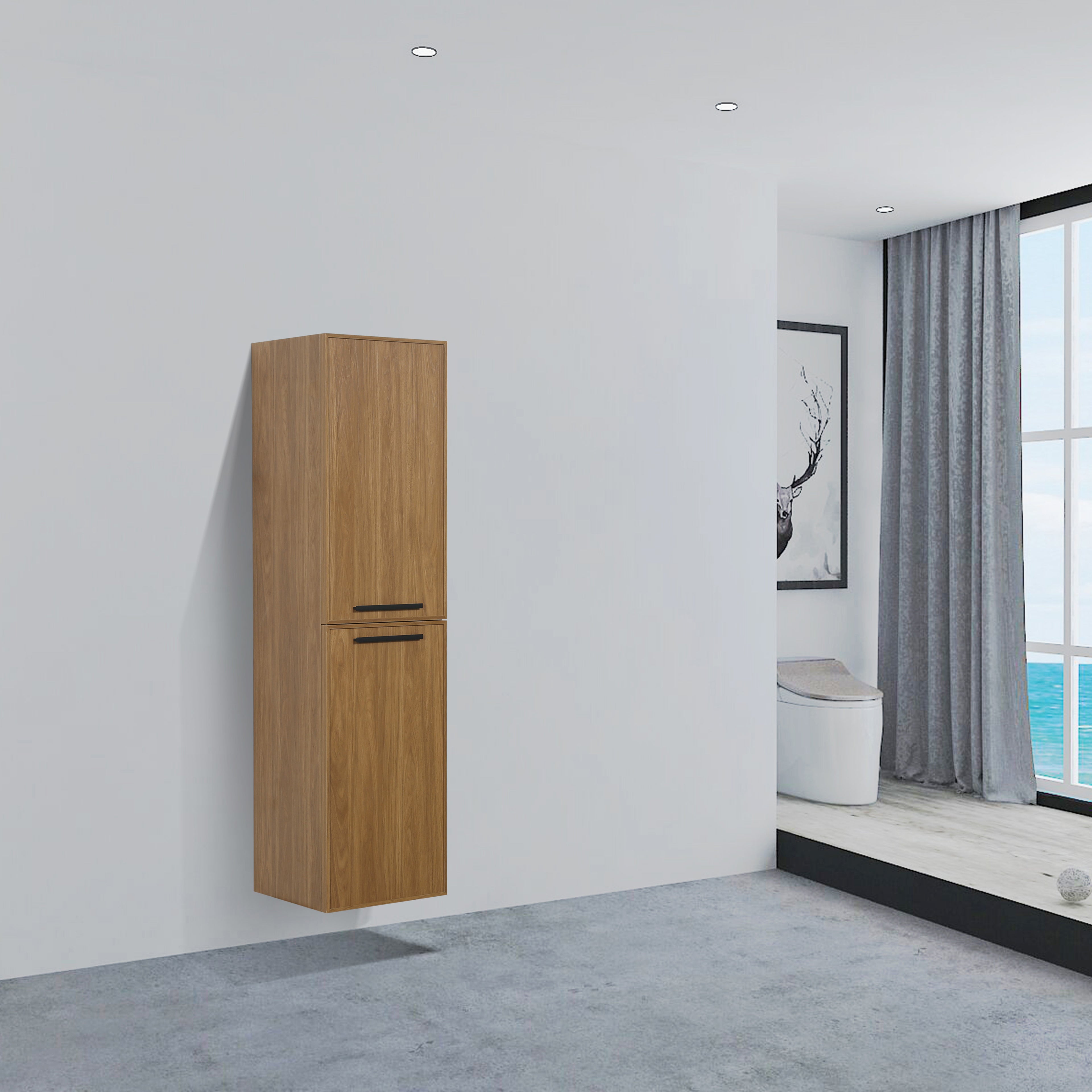 Bathroom Wall Hung Linen Cabinet with Handles - Honey Gold Walnut