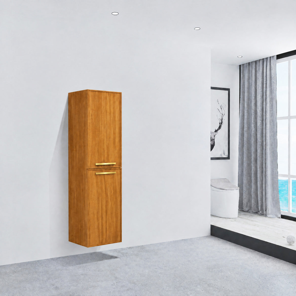 Bathroom Wall Hung Linen Cabinet with Handles - Honey Gold Walnut