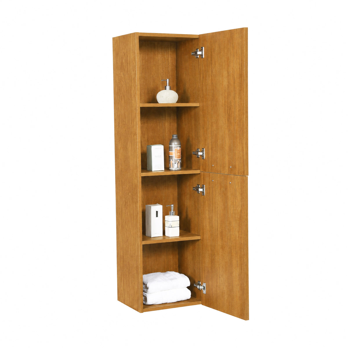 Bathroom Wall Hung Linen Cabinet with Handles - Honey Gold Walnut