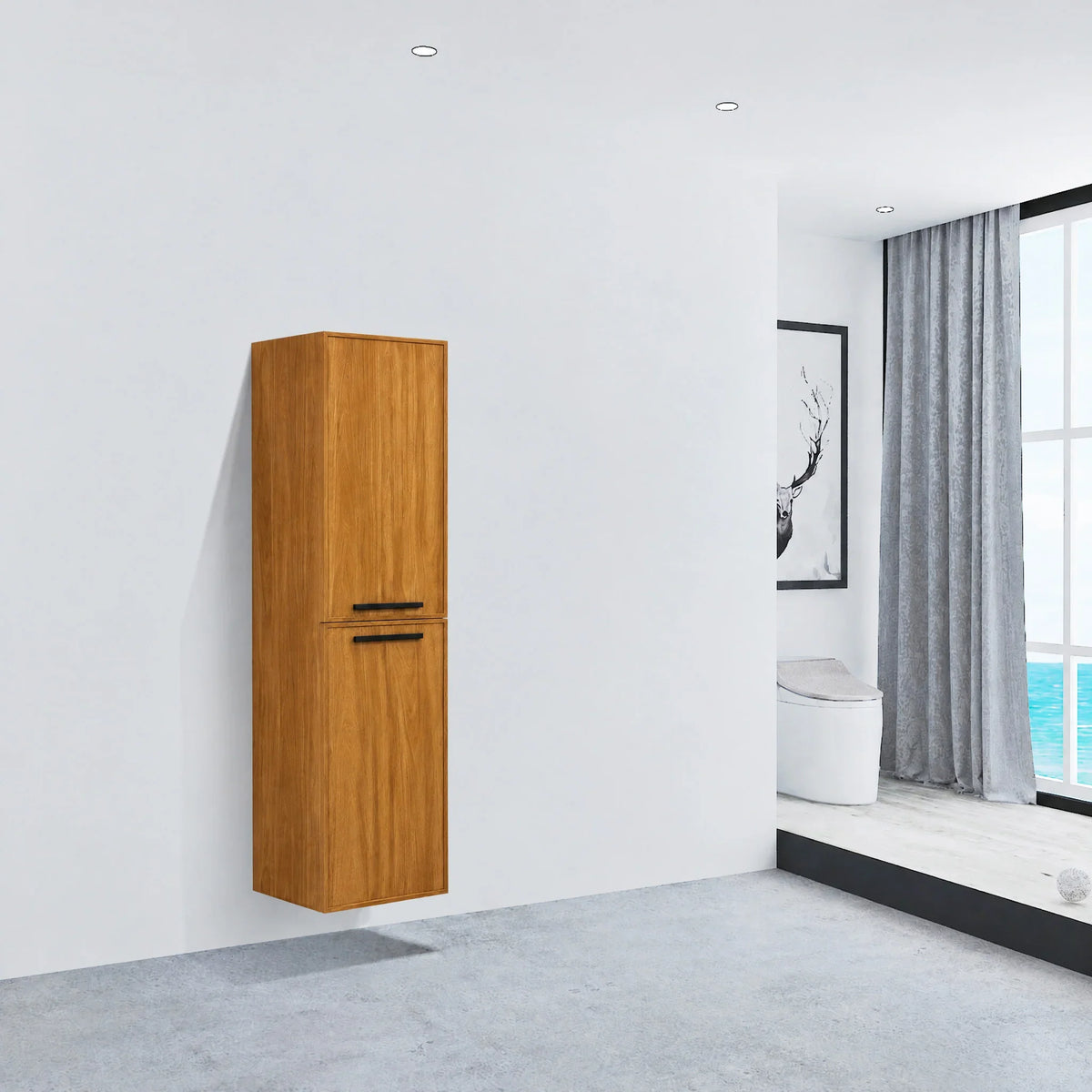Bathroom Wall Hung Linen Cabinet with Handles - Honey Gold Walnut