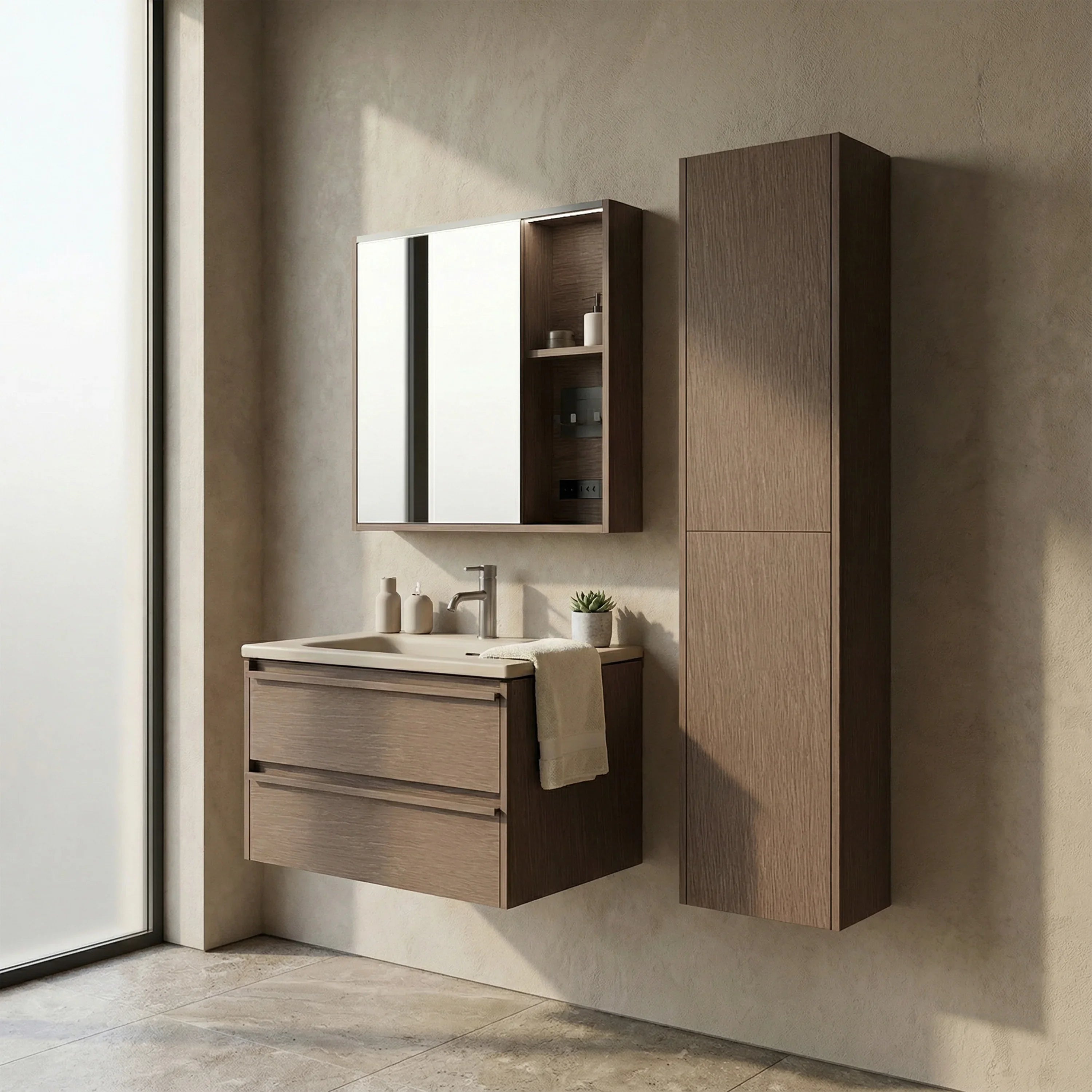 Meuble d'appoint Sanora en Noisette, 2 portes avec étagères - Rangement de salle de bain