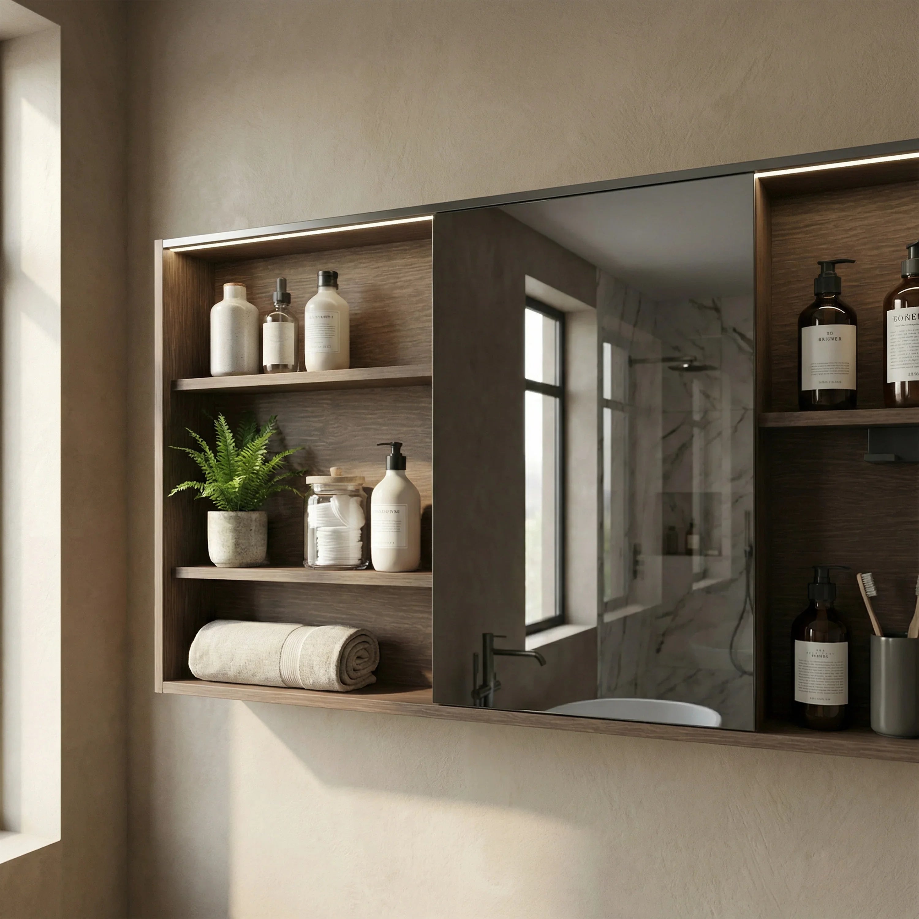 Armoire à pharmacie DEL noisette 60po avec portes à fermeture douce