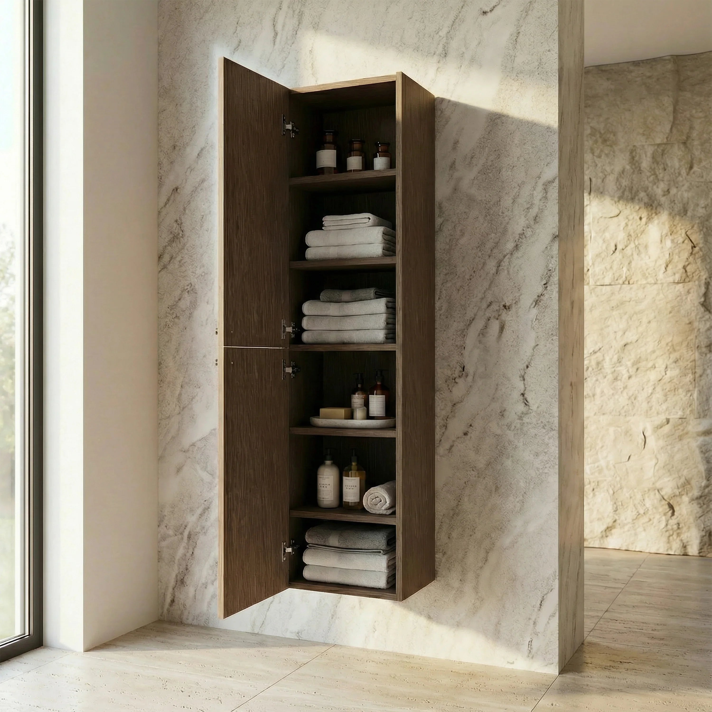 Meuble d'appoint Sanora en Noisette, 2 portes avec étagères - Rangement de salle de bain