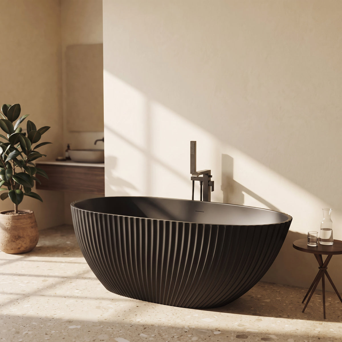 Baignoire autoportante Calista 60 po noir mat avec design cannelé