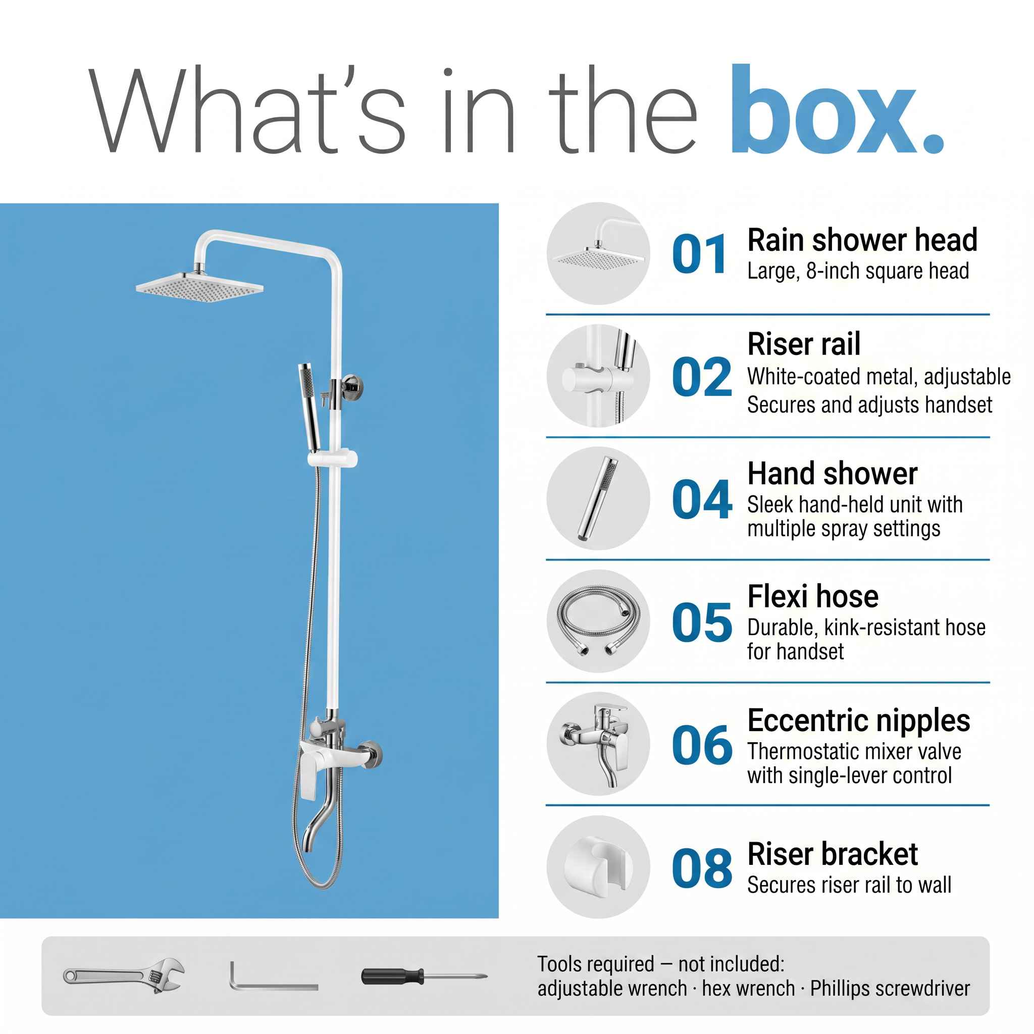 Colonne de Douche Thermostatique Iceberg Blanc et Chrome avec Pomme de Pluie