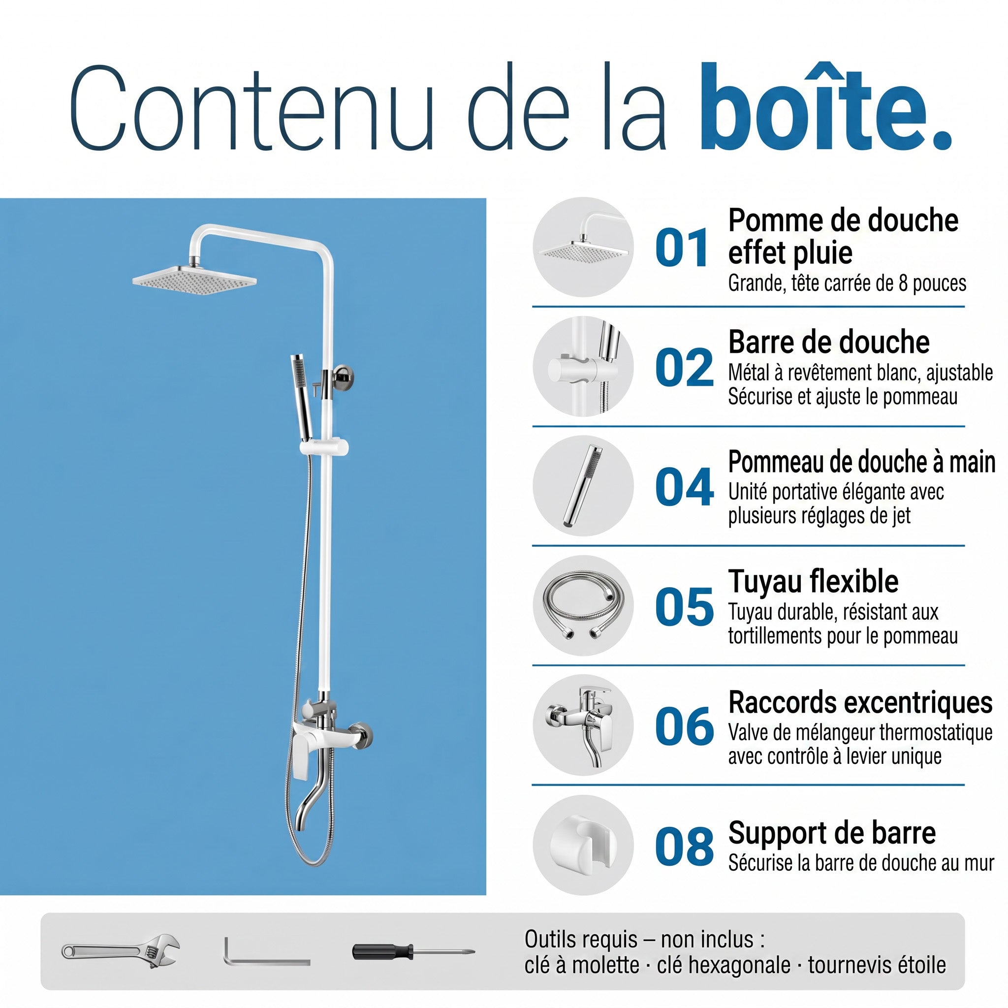 Colonne de Douche Thermostatique Iceberg Blanc et Chrome avec Pomme de Pluie