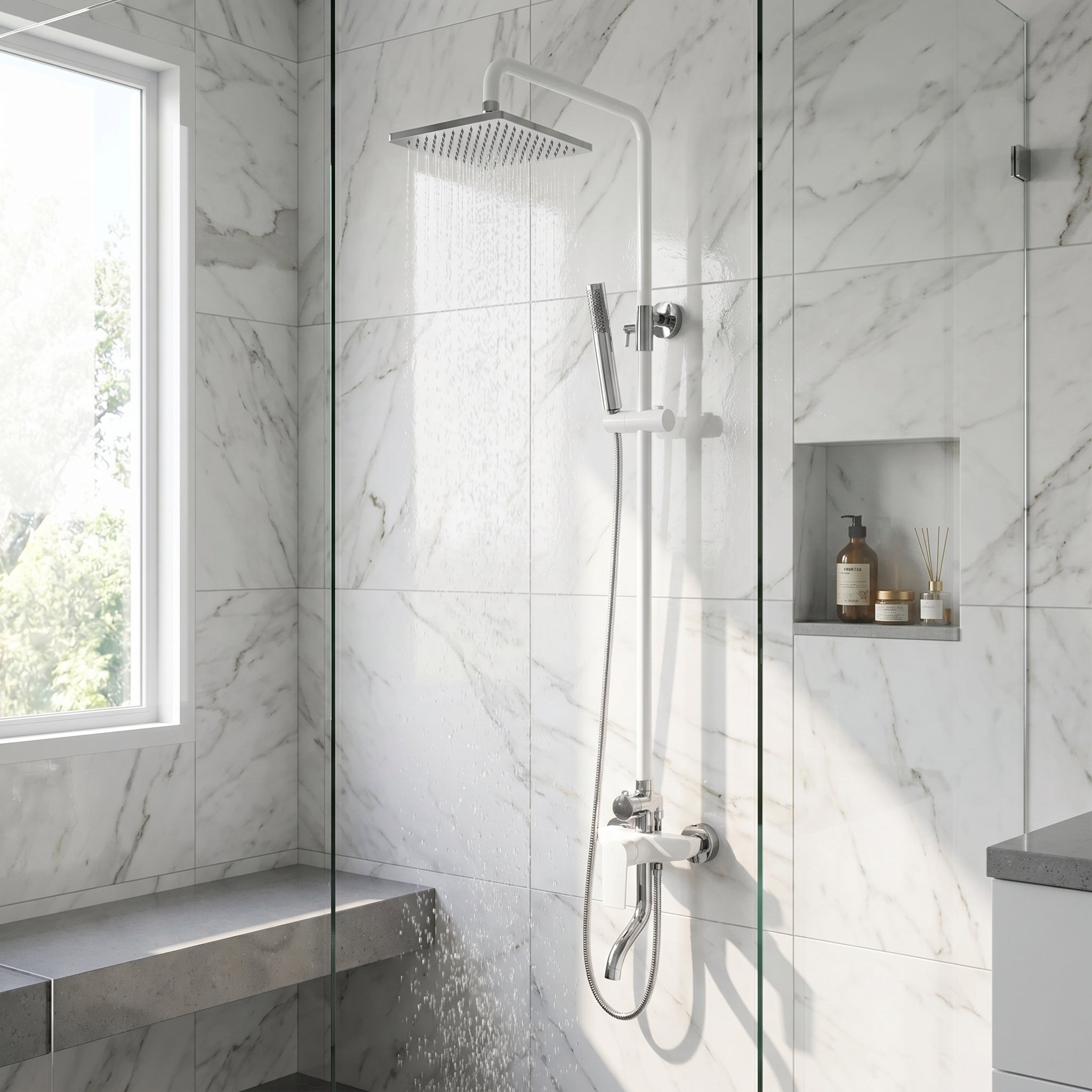 Colonne de Douche Thermostatique Iceberg Blanc et Chrome avec Pomme de Pluie