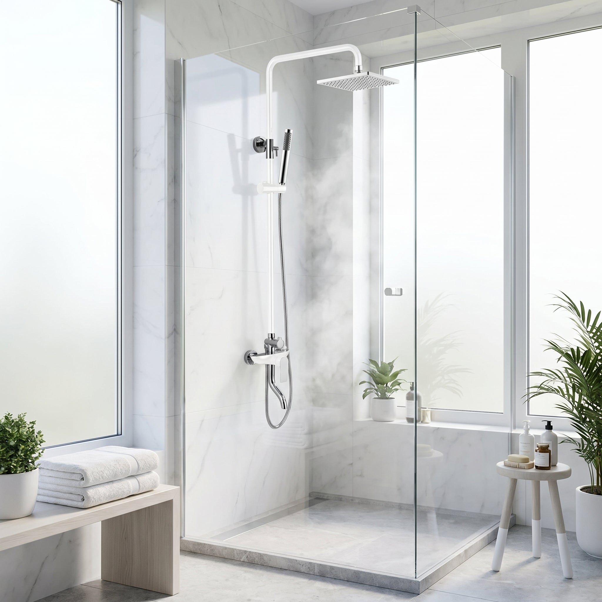 Colonne de Douche Thermostatique Iceberg Blanc et Chrome avec Pomme de Pluie