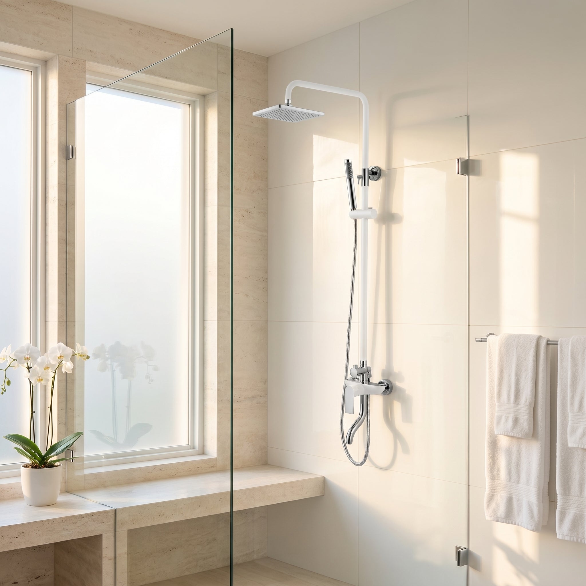 Colonne de Douche Thermostatique Iceberg Blanc et Chrome avec Pomme de Pluie