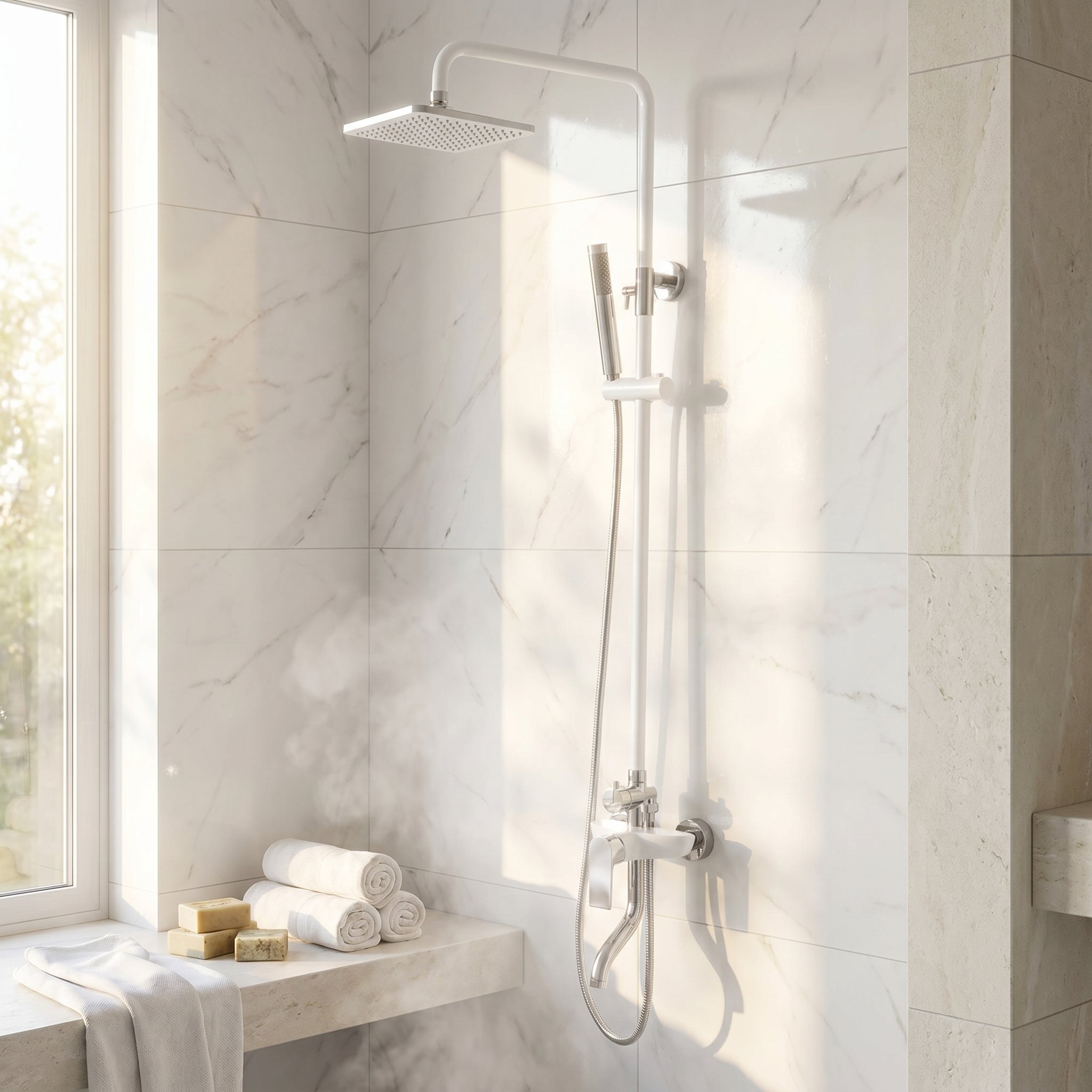 Colonne de Douche Thermostatique Iceberg Blanc et Chrome avec Pomme de Pluie