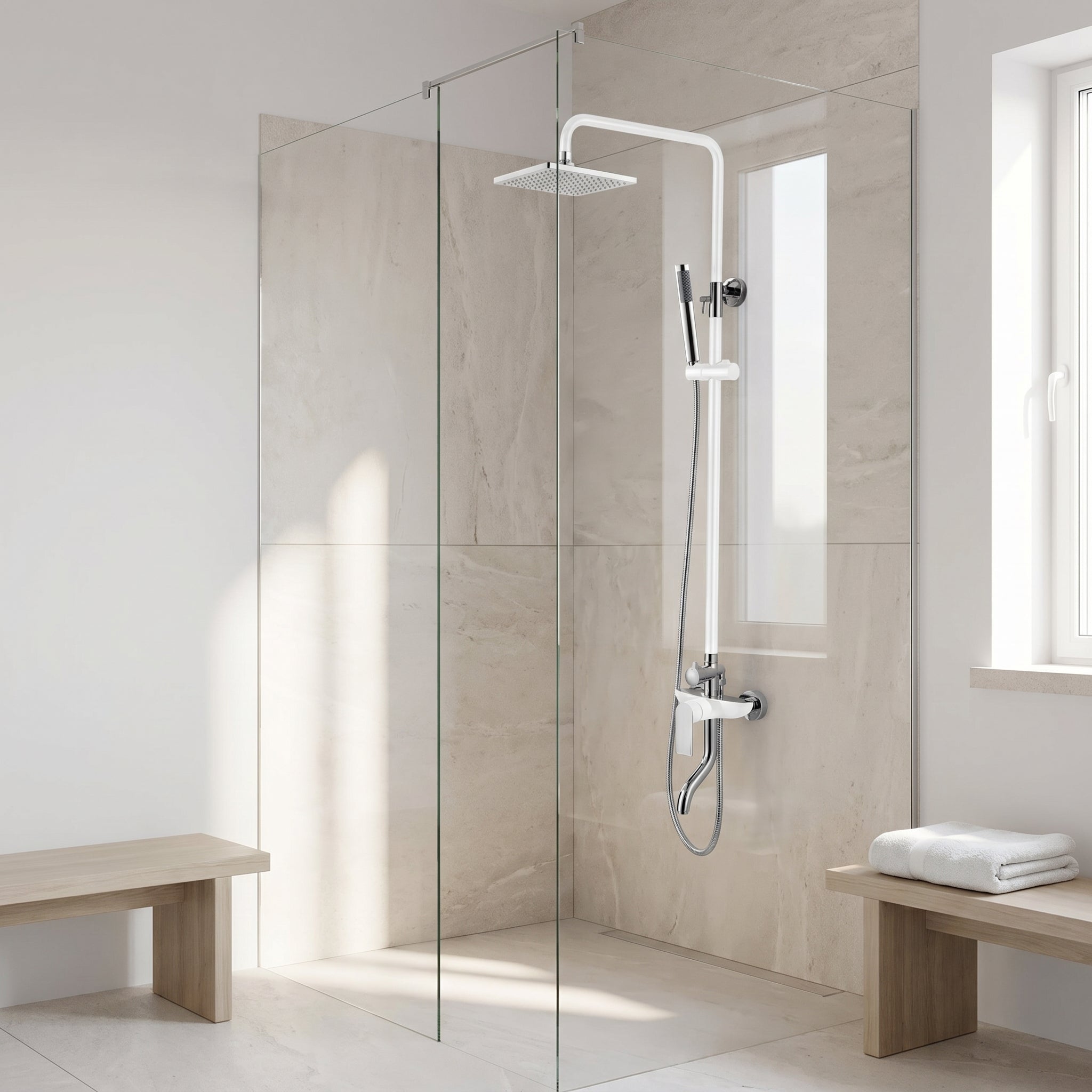 Colonne de Douche Thermostatique Iceberg Blanc et Chrome avec Pomme de Pluie