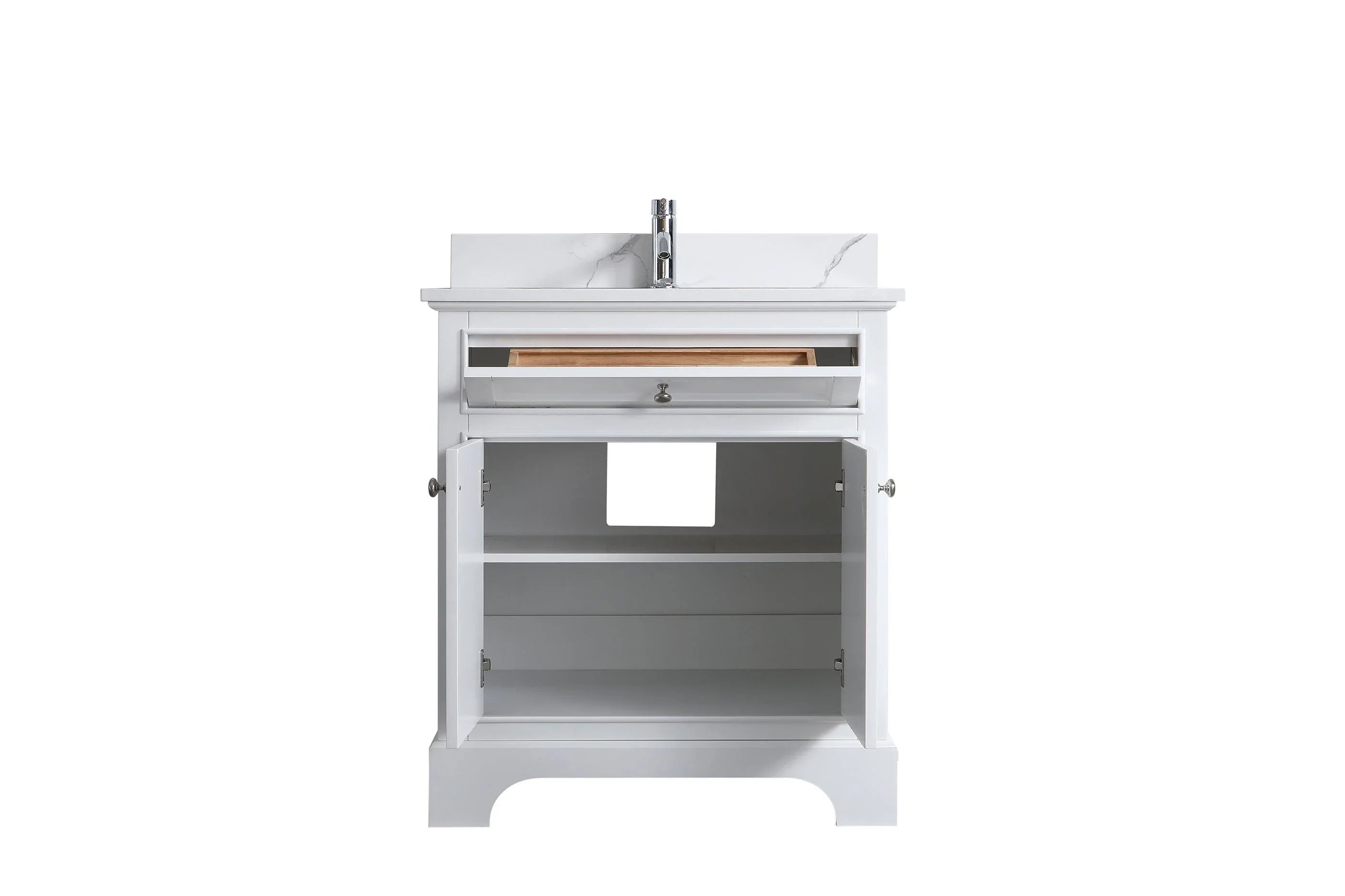 30" White Freestanding Single Sink Bathroom Vanity with Engineered Calcutta Marble Countertop - Golden Elite Deco