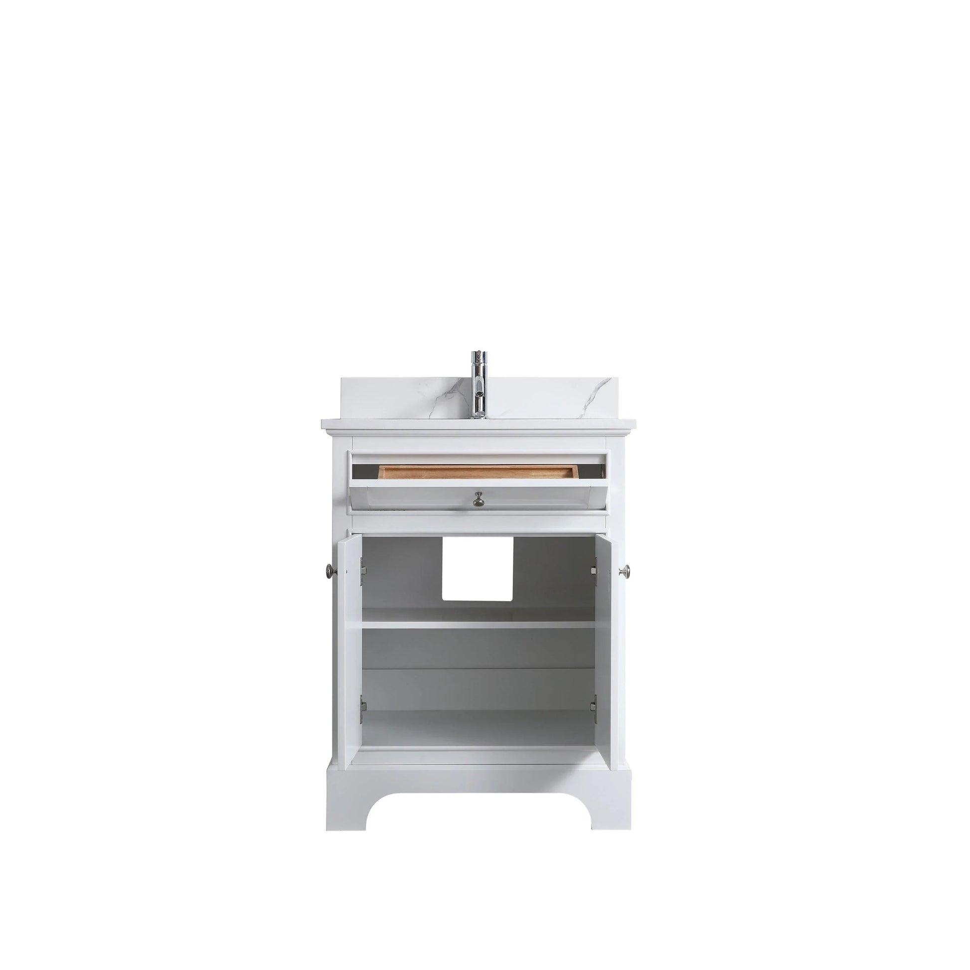 24" White Freestanding Single Sink Bathroom Vanity with Engineered Calcutta Marble Countertop - Golden Elite Deco