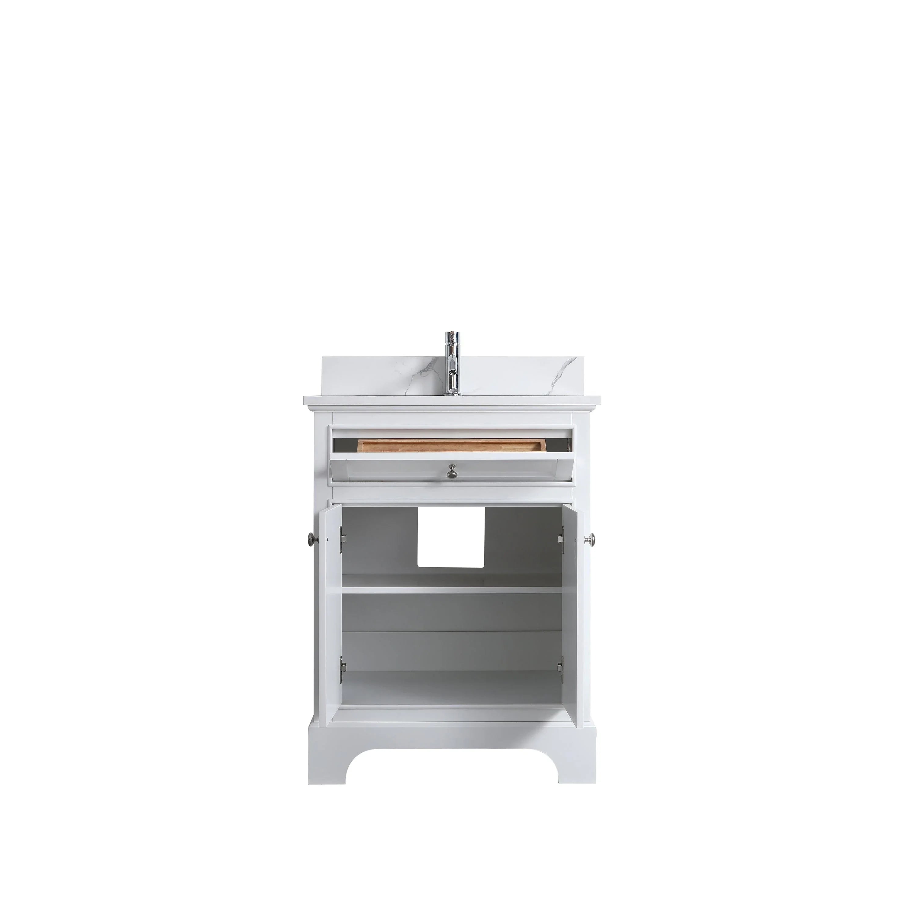 24" White Freestanding Single Sink Bathroom Vanity with Engineered Calcutta Marble Countertop - Golden Elite Deco