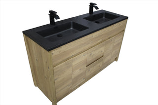 60" Rough Oak Freestanding Double Sink Bathroom Vanity with Black Engineered Quartz Countertop