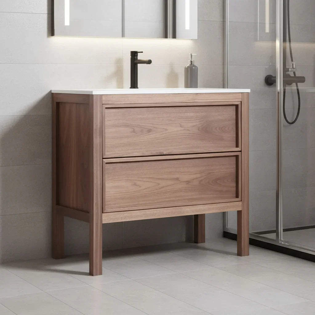 Meuble-Lavabo Autoportant 42po Noyer Naturel avec Comptoir de Surface Solide Blanc