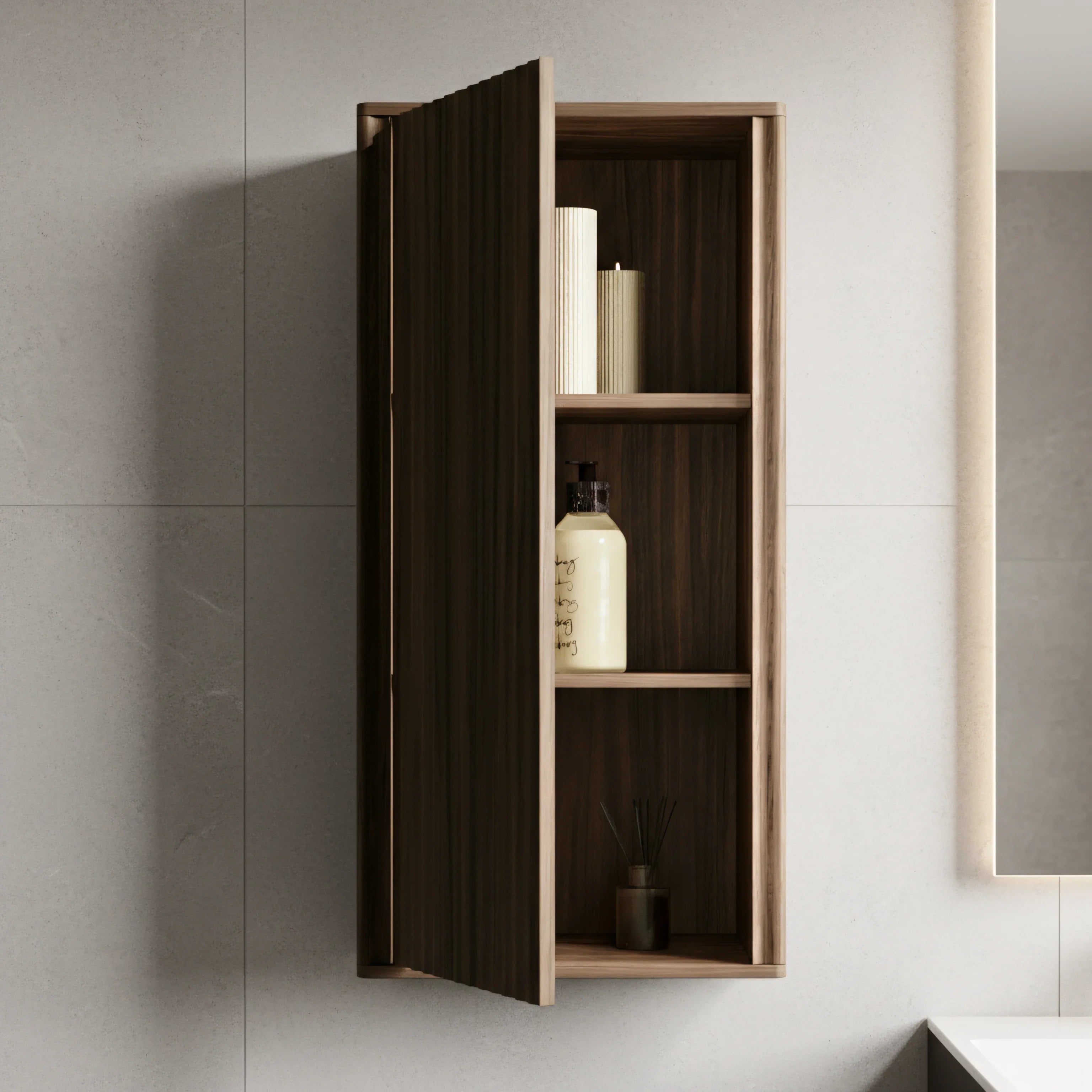 Meuble d'appoint Andorra en noyer, 1 porte avec étagères - Rangement de salle de bain