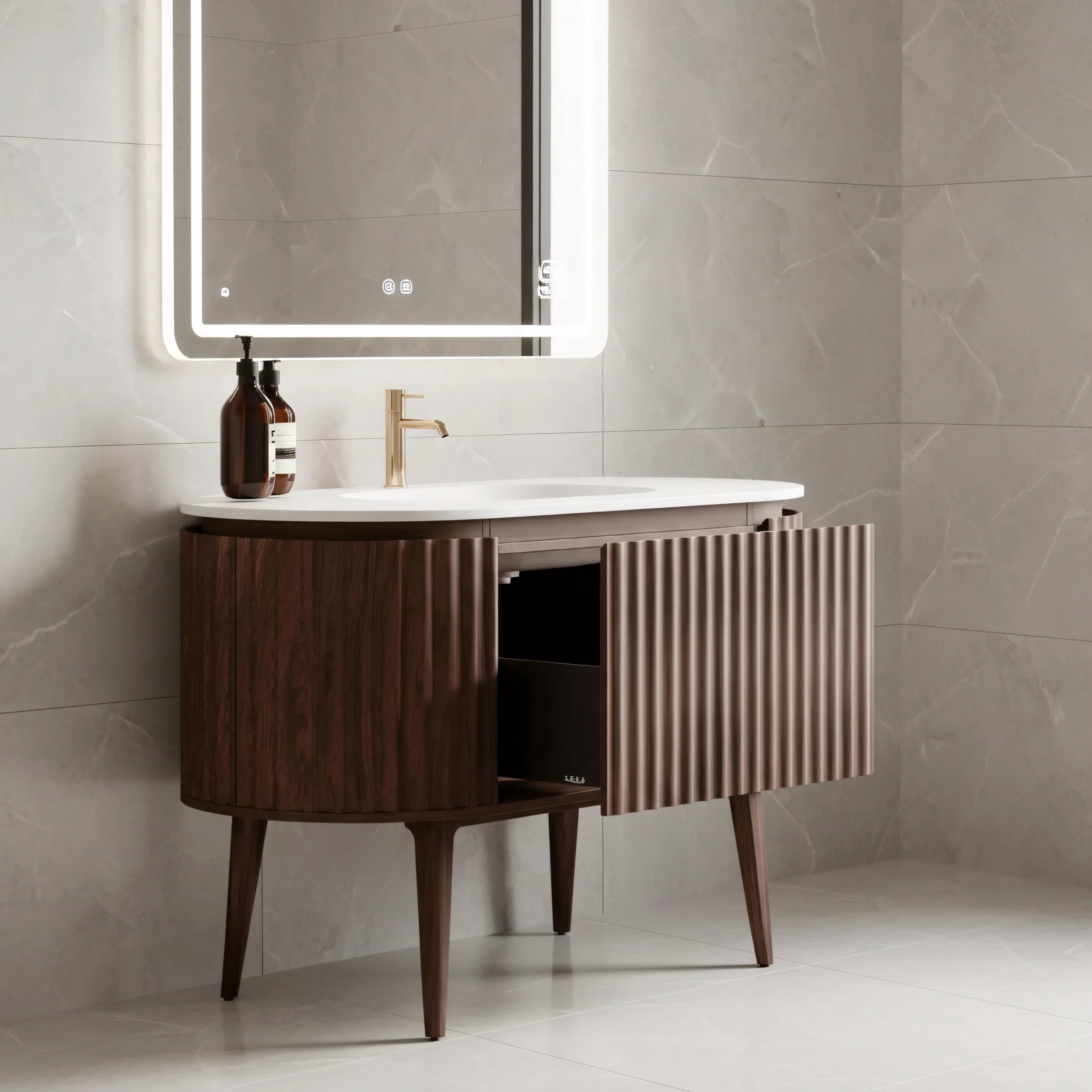 Meuble-lavabo 48 po en noyer courbé et cannelé - Comptoir blanc mat