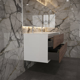 Meuble-lavabo double mural en noyer de 60" avec Comptoir en polymarbre blanc Fleur