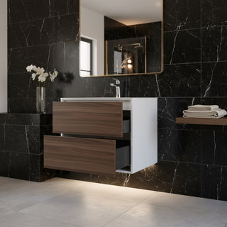 24" Walnut Wall Mount Vanity with White Polymarble Countertop