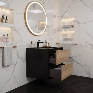 30" Black & Rough Oak Wall Mount Vanity with Black Engineered Quartz Countertop