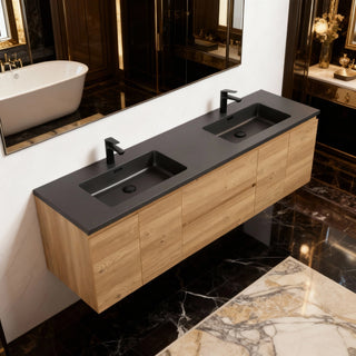 Meuble-Lavabo 72po Chêne Brut avec Comptoir de 72 Quartz Noir Lavabo Double