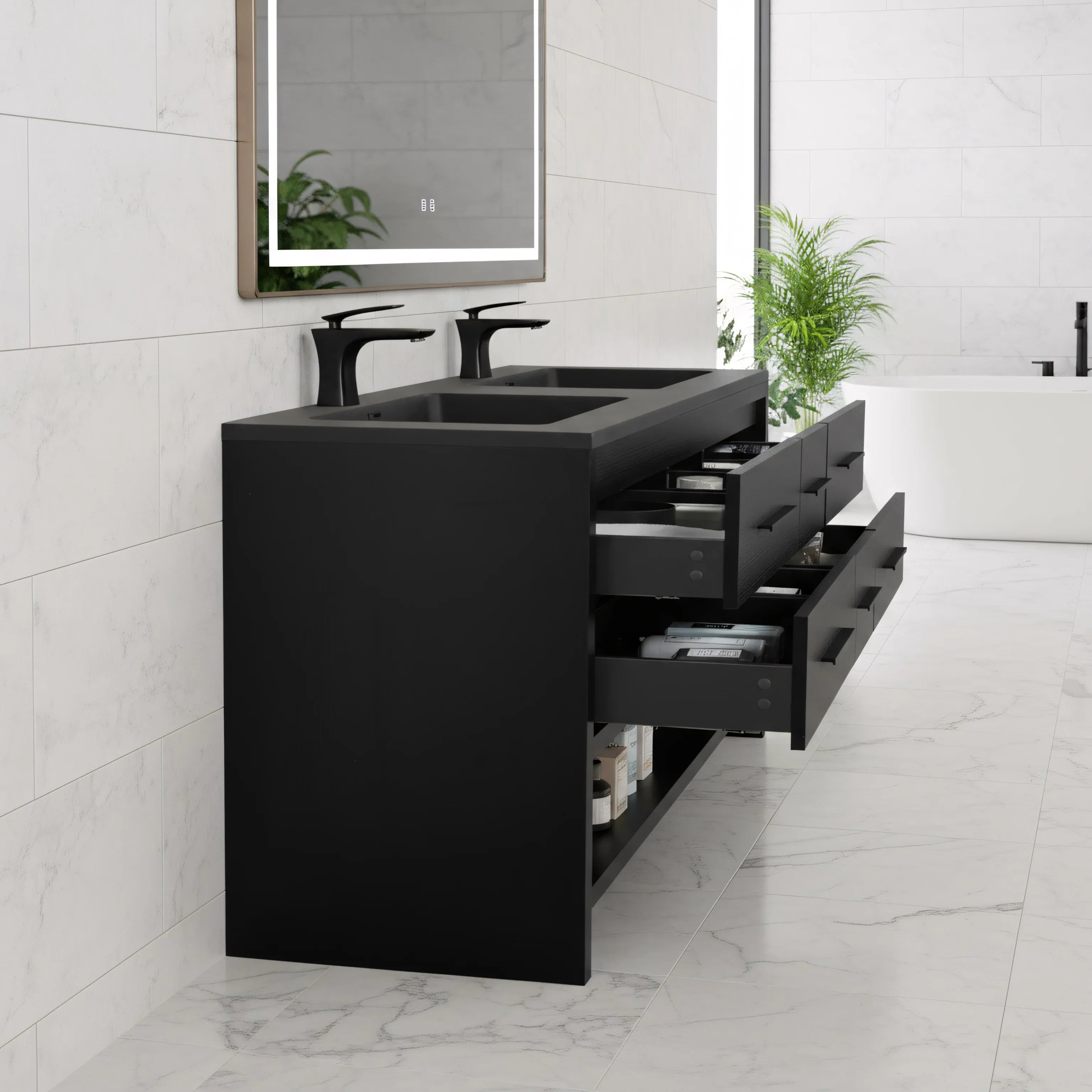 60" Black Oak Freestanding Double Sink Bathroom Vanity with Black Engineered Quartz Countertop