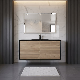 48" Black & Rough Oak Wall Mount Single Sink Bathroom Vanity with Black Engineered Quartz Countertop