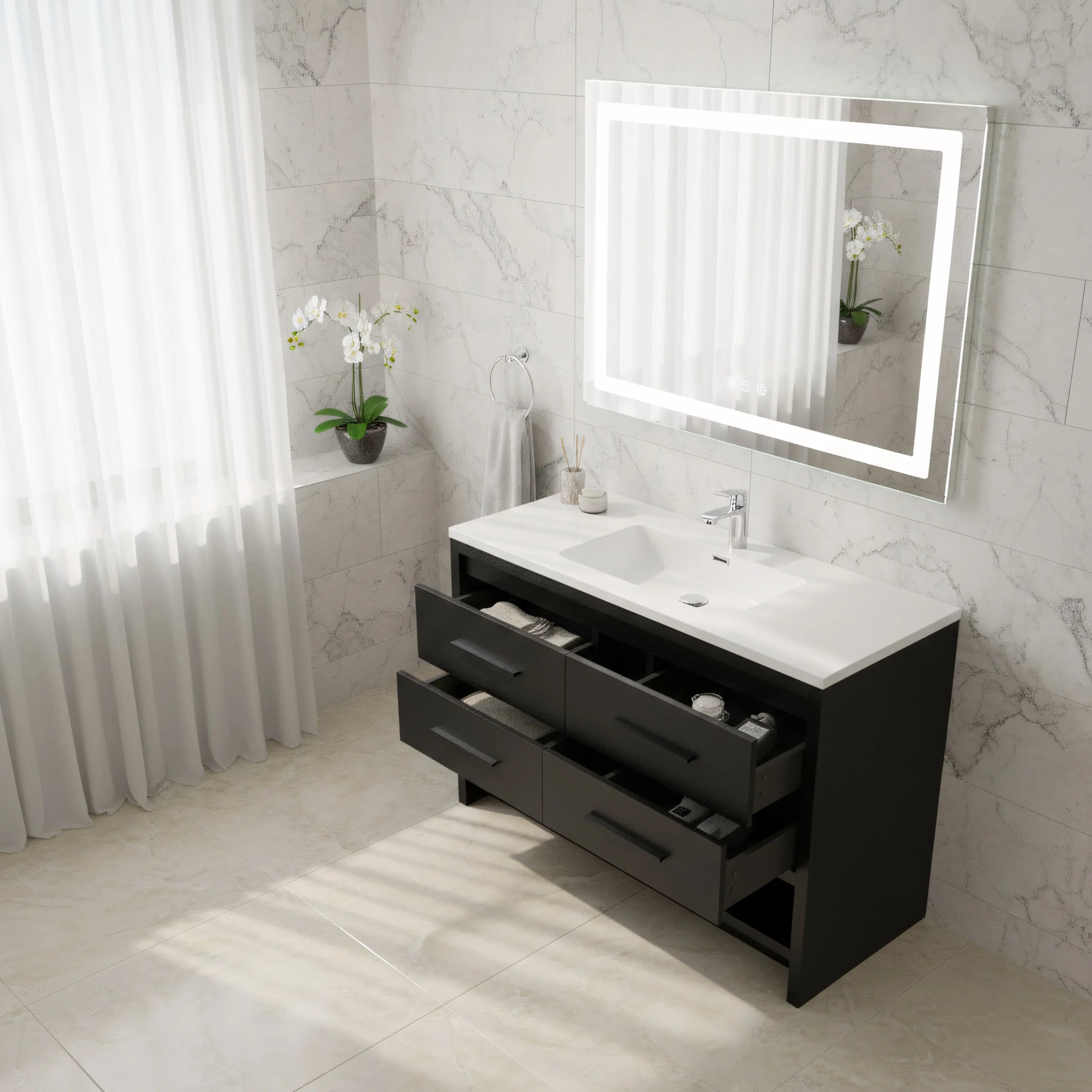 Meuble-lavabo autoportant noir en chêne brut de 48" avec Comptoir en polymarbre blanc