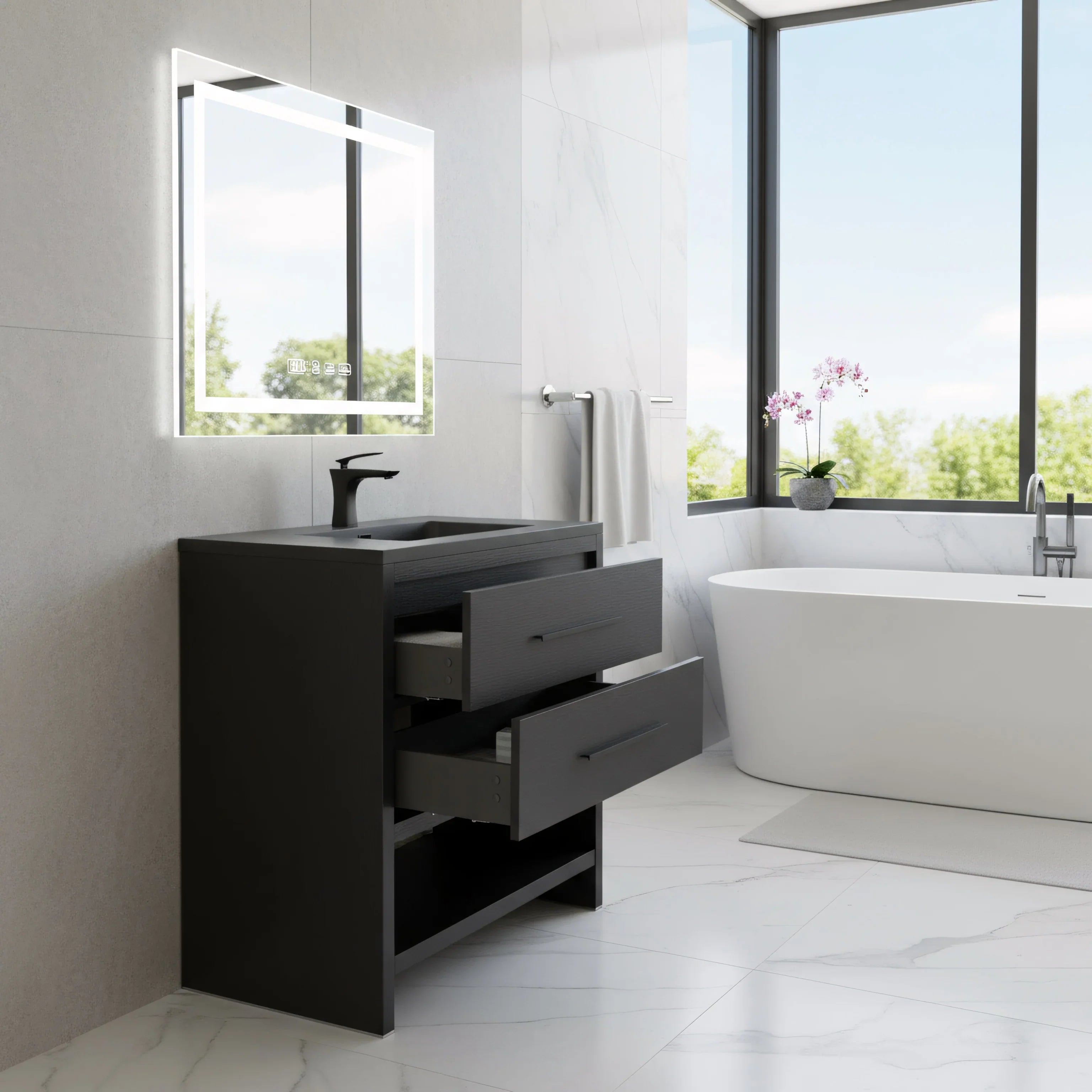 30" Black Oak Freestanding Single Sink Bathroom Vanity with Black Engineered Quartz Countertop