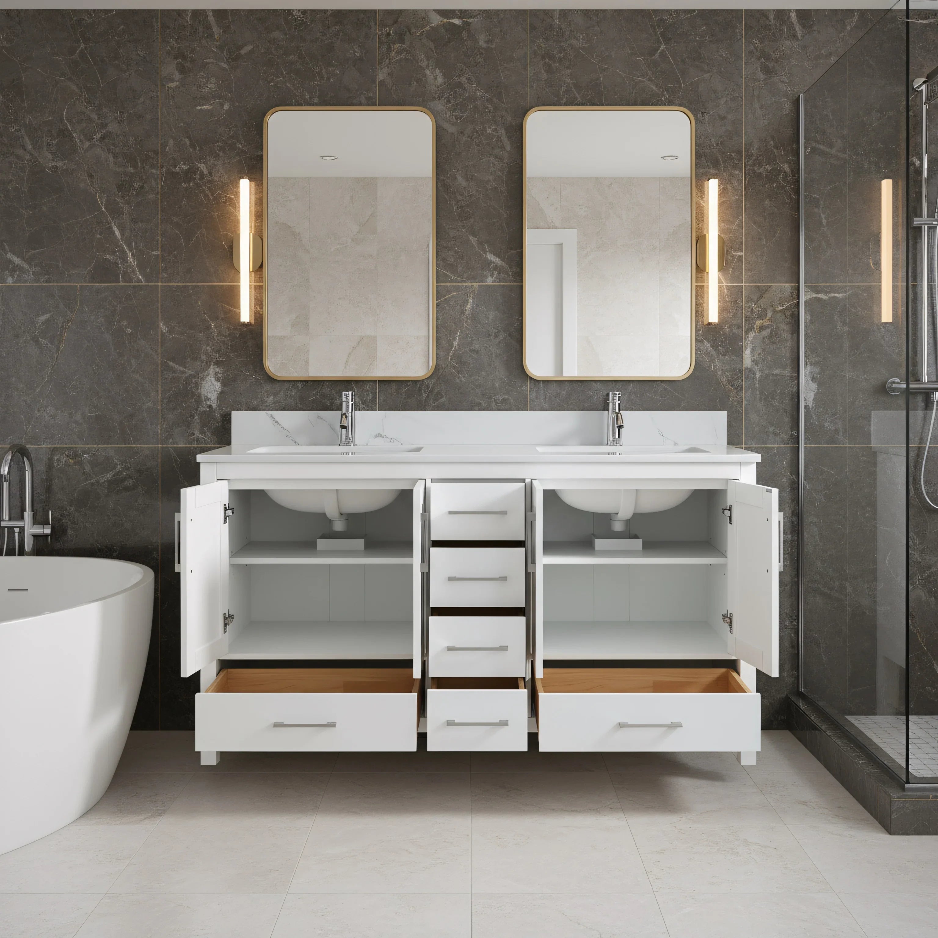 Meuble-Lavabo Autoportant 60po Blanc avec Comptoir de Marbre Ingénierie Calcutta