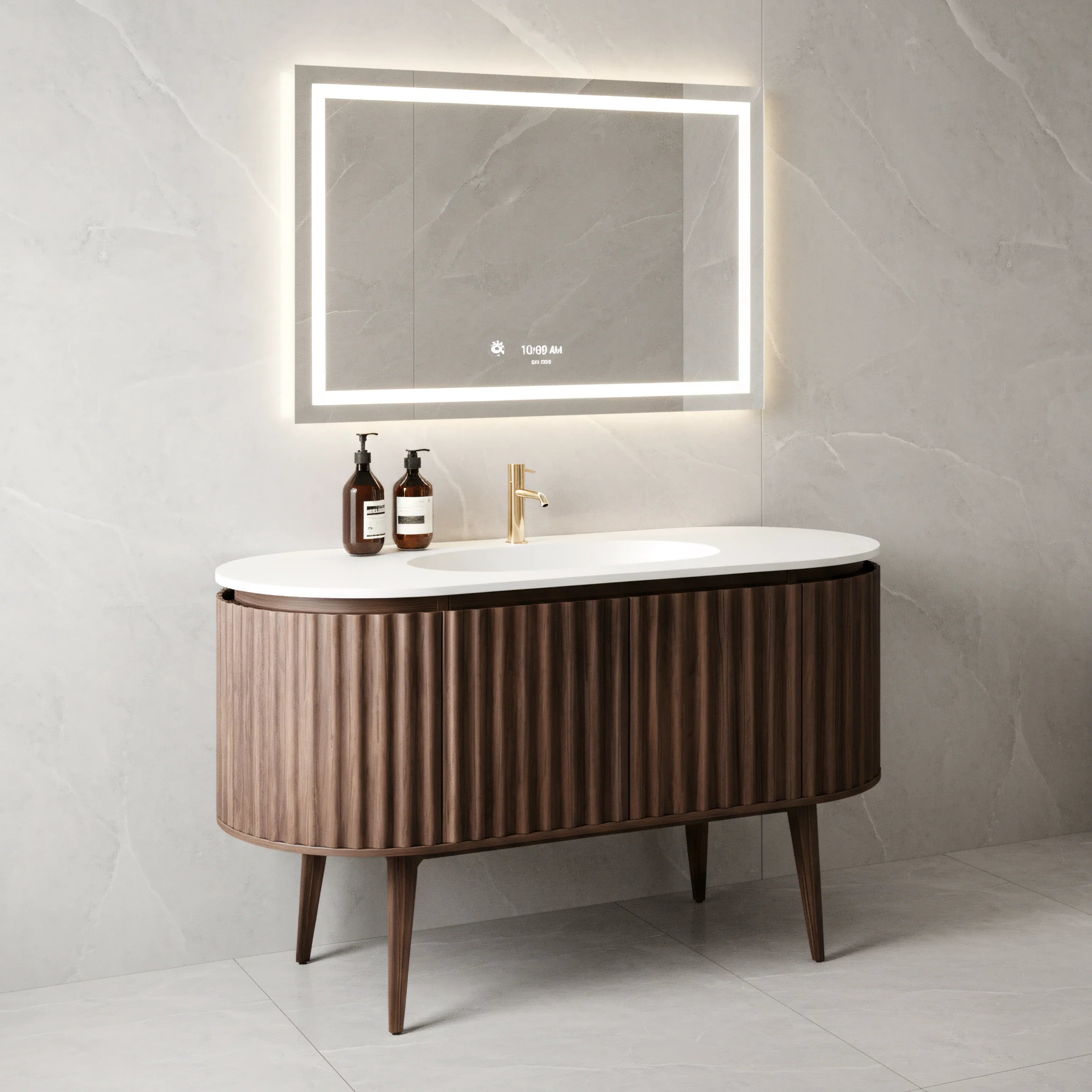 Meuble-lavabo 48 po en noyer courbé et cannelé - Comptoir blanc mat