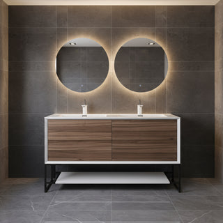 Meuble-lavabo double mural en noyer de 60" avec Comptoir en polymarbre blanc Fleur