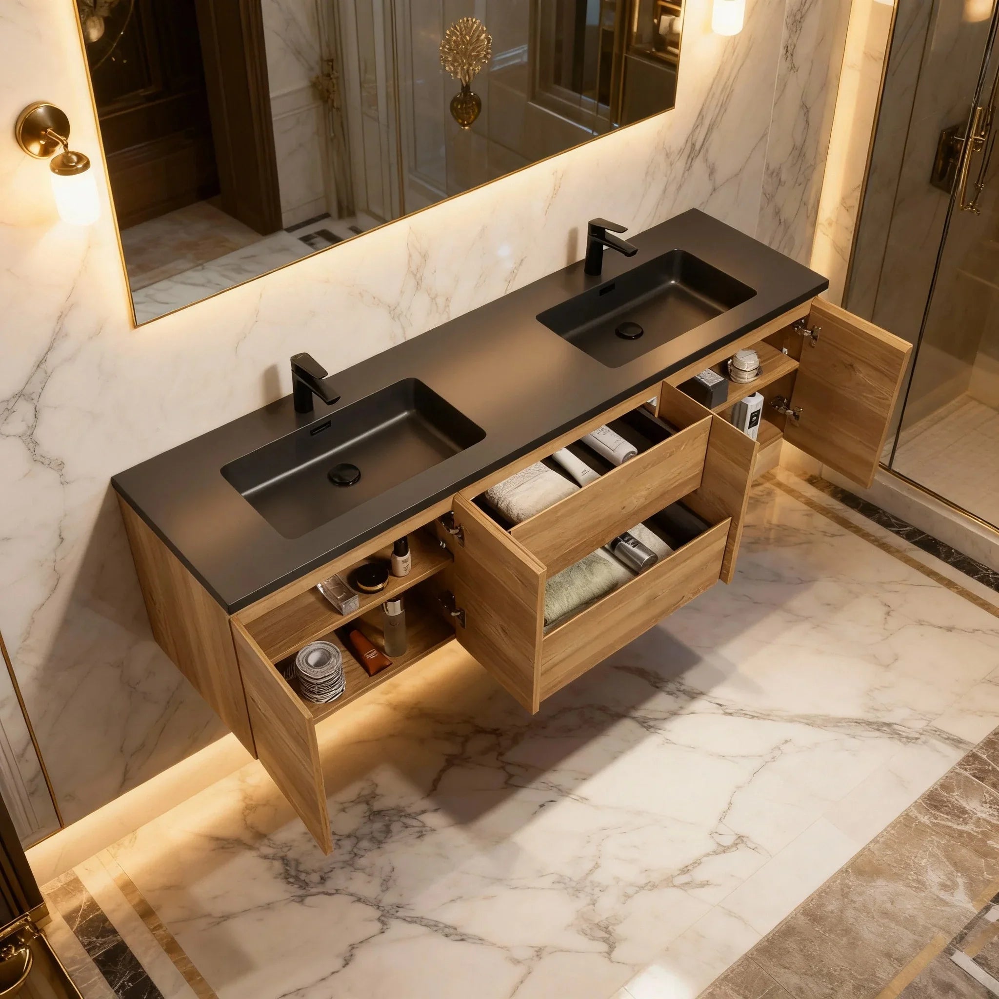 Meuble-Lavabo 72po Chêne Brut avec Comptoir de 72 Quartz Noir Lavabo Double