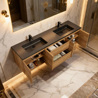 Meuble-Lavabo 72po Chêne Brut avec Comptoir de 72 Quartz Noir Lavabo Double