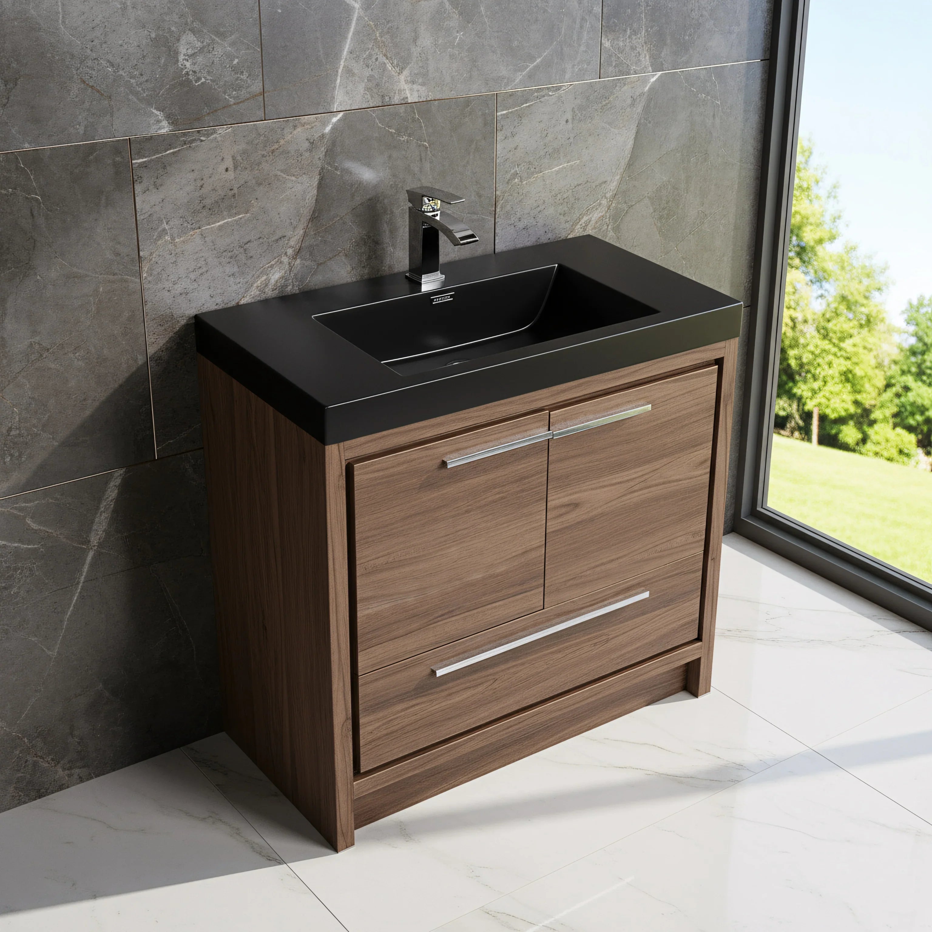 36" Walnut Freestanding Bathroom Vanity with Black Engineered Quartz Countertop