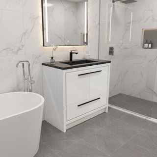 36" Glossy White Freestanding Bathroom Vanity with Black Engineered Quartz Countertop