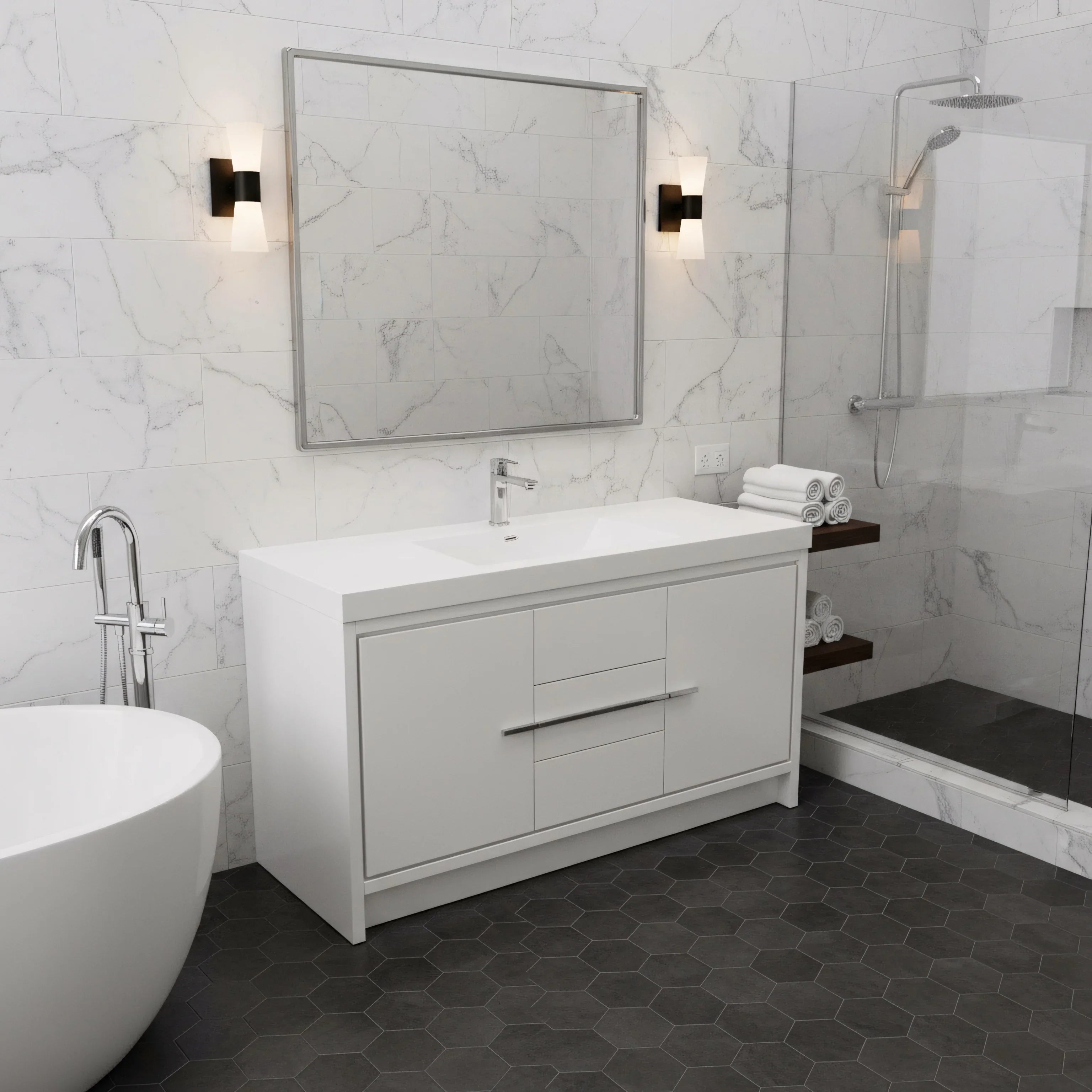 60" Glossy White Freestanding Single Sink Bathroom Vanity with White Polymarble Countertop