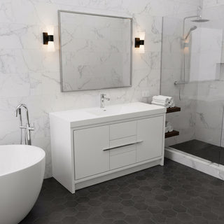 60" Glossy White Freestanding Single Sink Bathroom Vanity with White Polymarble Countertop