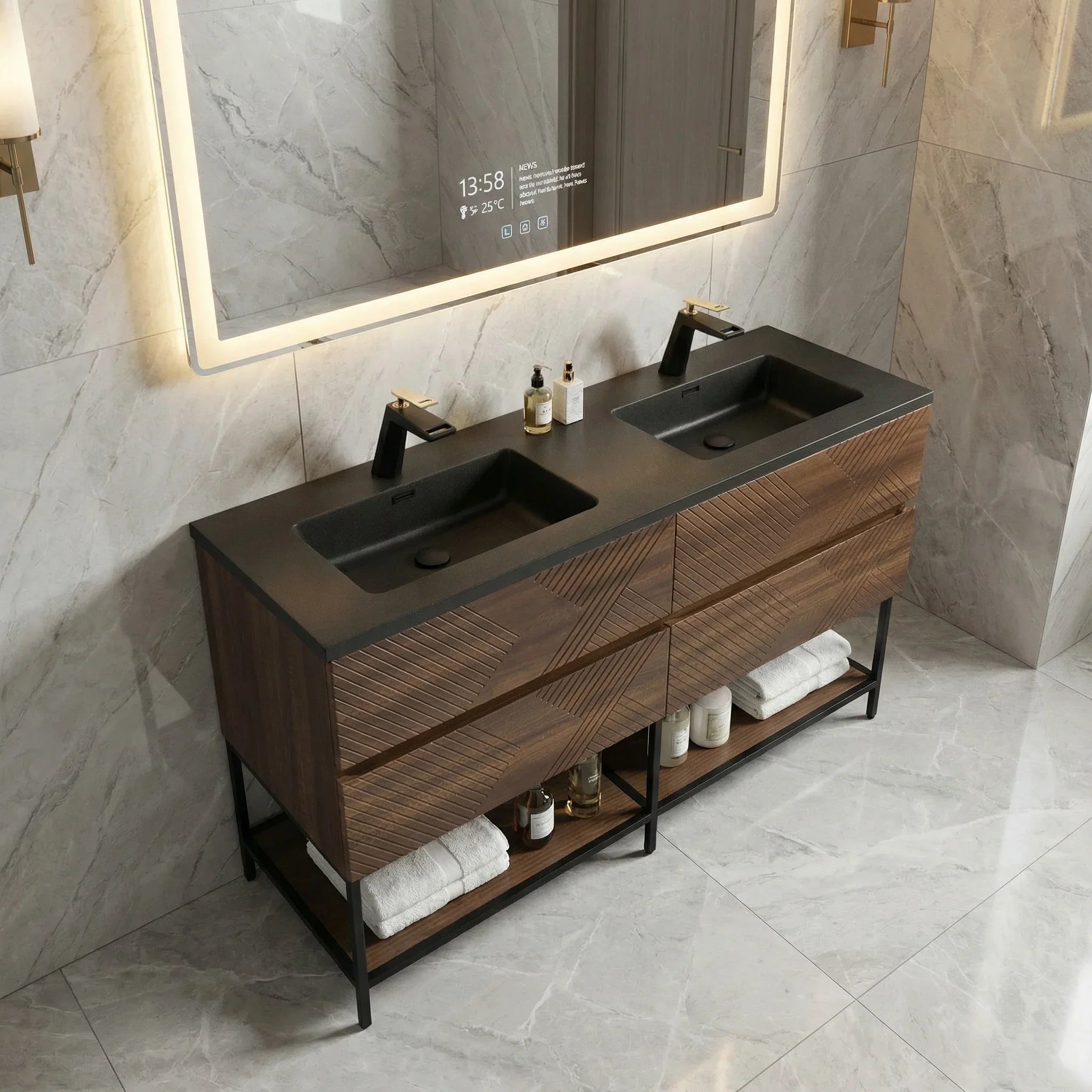 60" Walnut Wall Mount Double Sink Bathroom Vanity with Black Engineered Quartz Countertop