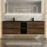 72" Walnut Wall Mount Double Sink Bathroom Vanity with Black Engineered Quartz Countertop